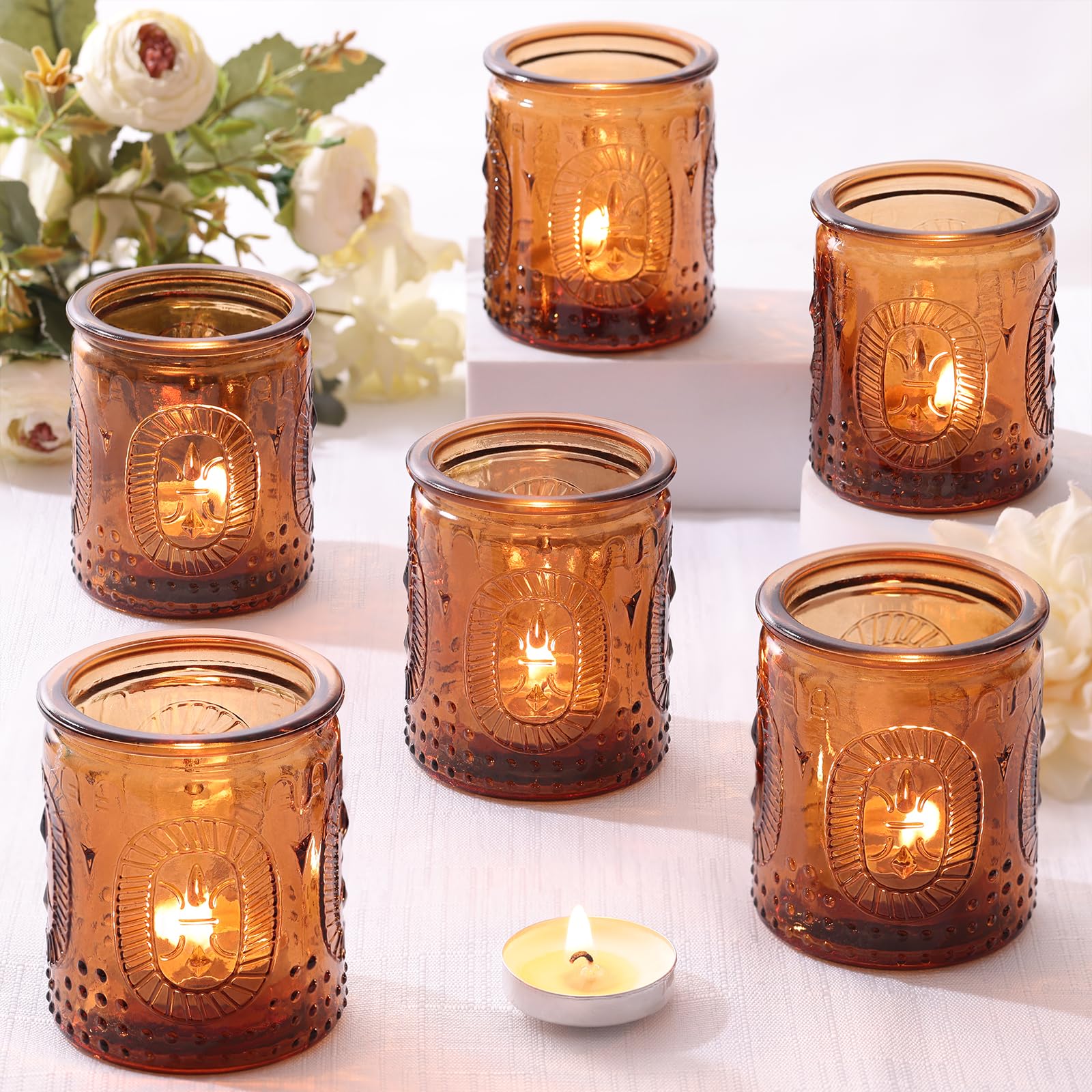 12 Pcs Vintage Amber Glass Votive Candle Holders - Small Candle Jars for Wedding Centerpiece, Fall & Christmas Table Decor, Thanksgiving Dinner Party, Home Decor - Perfect for Romantic Ambiance, Holiday Lighting & Seasonal Home Styling
