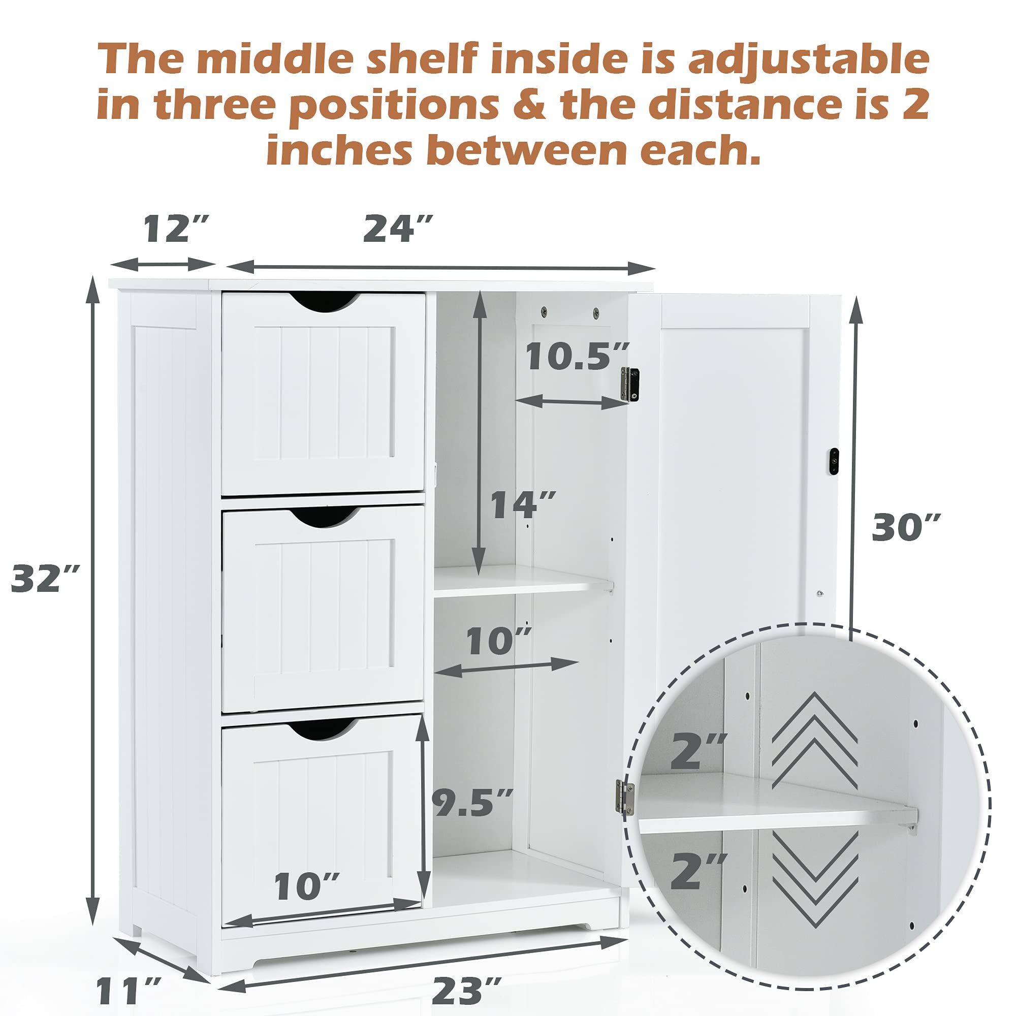 Modern Bathroom Floor Cabinet with Adjustable Shelf & 3 Drawers - 24x12x32 Inch White Storage Organizer for Bathroom, Living Room, Kitchen, Entryway - Perfect for Small Space Organization & Home Decor