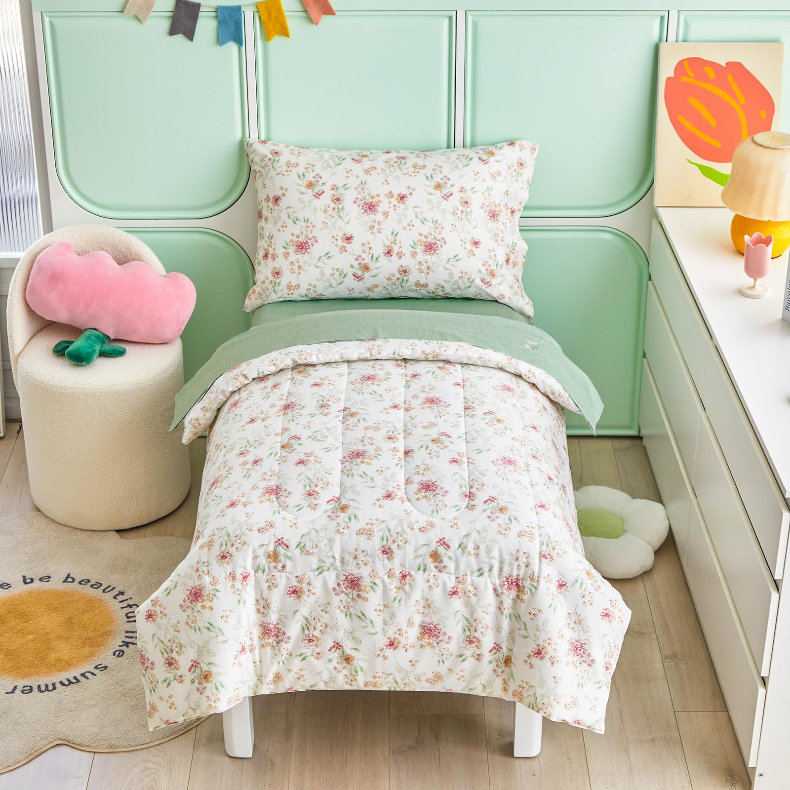 Joyreap 4-Piece Cotton Toddler Bedding Set for Girls - Pink Floral Design on White, Soft Breathable Nursery Comforter Set with Quilt, Fitted Sheet, Flat Sheet & Pillowcase | Perfect for Cribs, Toddler Beds & Nursery Decor