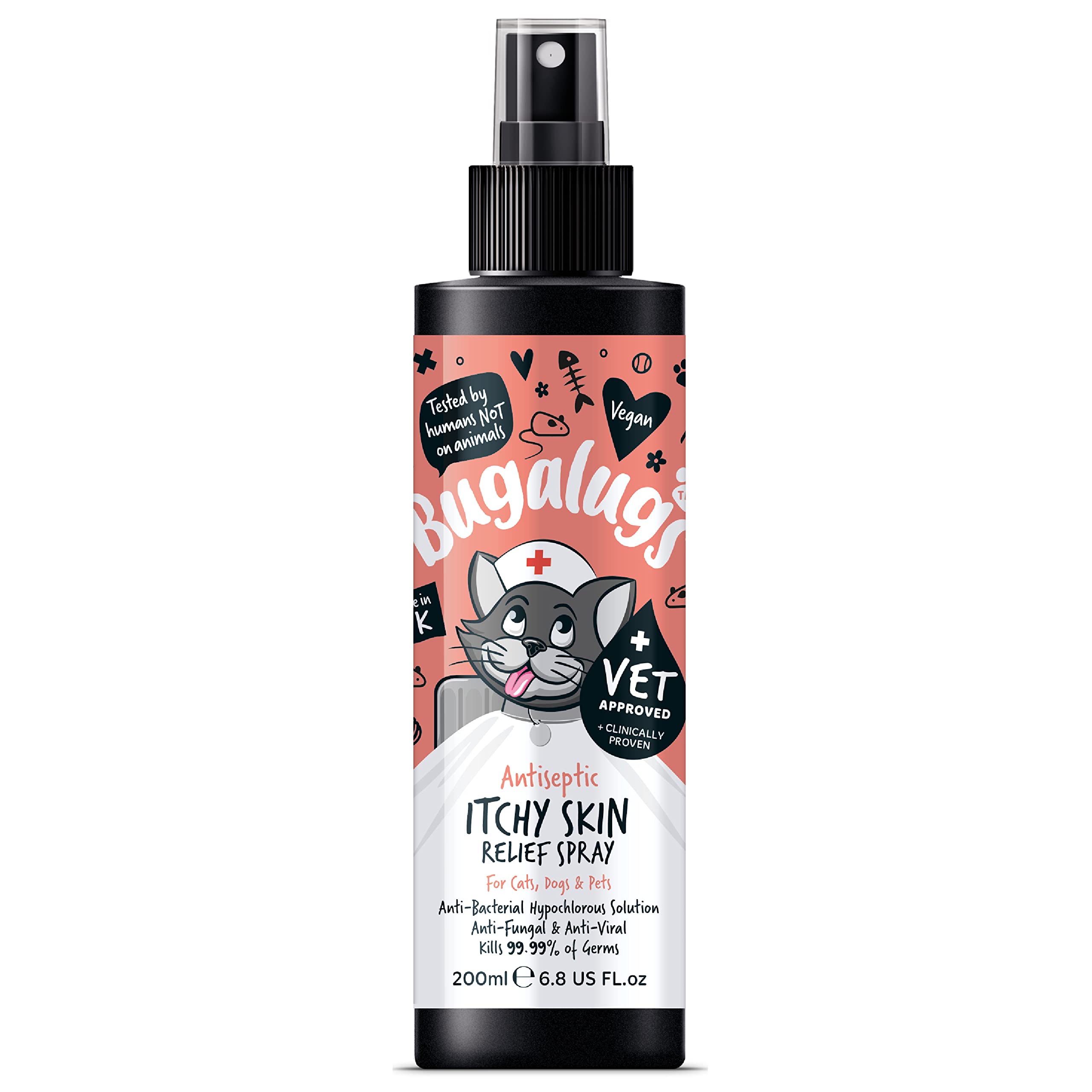 BUGALUGS Antiseptic Itch Relief Spray for Cats & Kittens - 200ml Antibacterial, Antifungal, Antiviral Treatment for Cat Skin Problems, Acne & Scratching - Soothes Itchy Skin in Small Pets & Animals - Perfect for Allergy Relief & Wound Care After Grooming or Outdoor Play