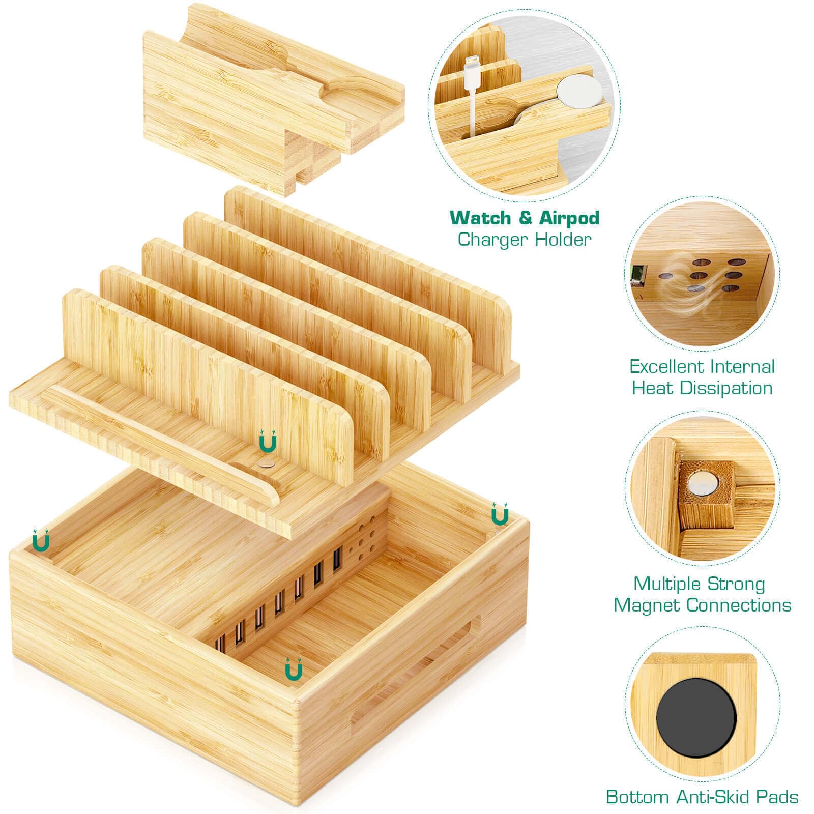 Darfoo 7-Port Bamboo Charging Station for Multiple Devices - Wooden USB Hub with Watch & Earbud Stand for iPhone, Android, iPad, Smartwatch & AirPods - Perfect for Home, Office & Nightstand Organization