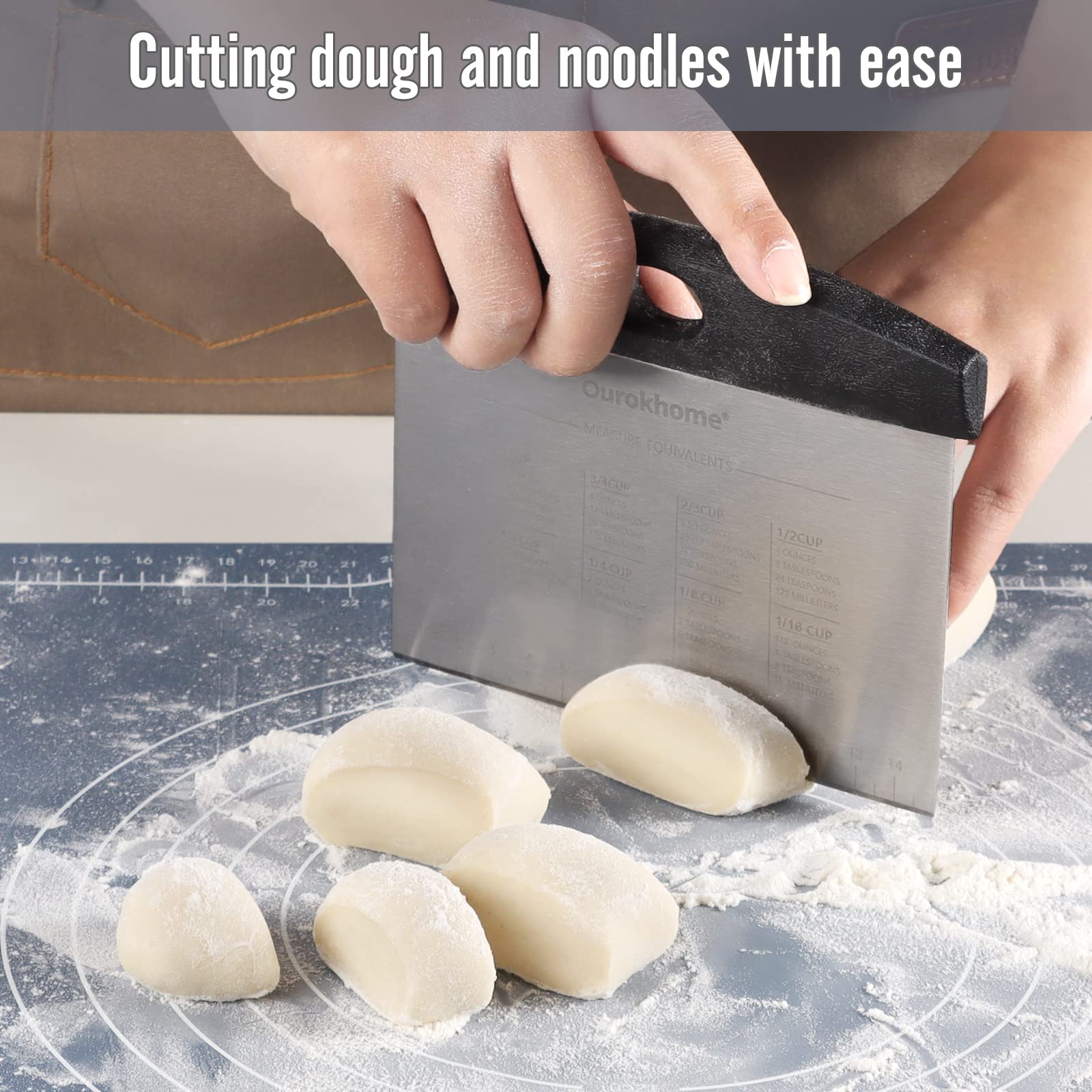 Ourokhome Stainless Steel Dough Scraper & Pizza Cutter Set - 2 Pack Black Kitchen Baking Tools with Laser-Engraved Measuring Scale & Conversion Chart - Dishwasher Safe & Anti-Wear - Perfect for Pizza Making, Pastry Baking, Bread Dough Cutting, and Cookie Preparation