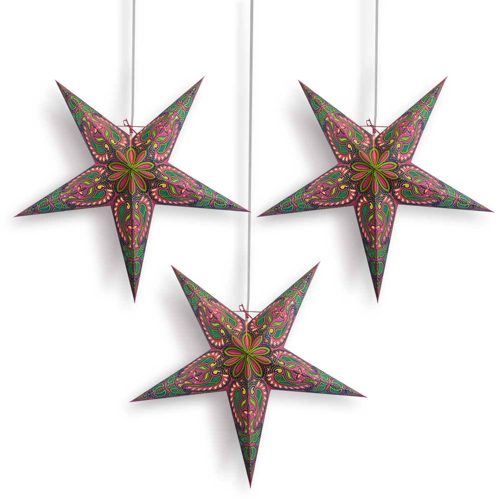 3 Pack 24 Inch Pink & Green Alaskan Glitter Paper Star Lanterns with LED Bulbs & Lamp Cord - Party Decor, Wedding Centerpiece, Christmas Lights, Bedroom Ambiance