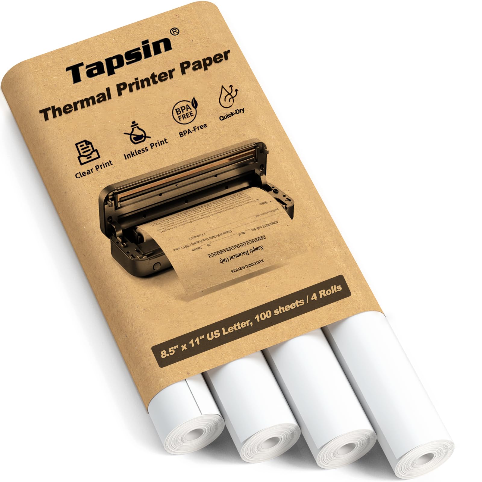 8.5 x 11 Inch Thermal Printer Paper Rolls - US Letter Size Quick-Dry Thermal Printing Paper (4 Rolls/100 Sheets) Compatible with M08F-Letter, M832, M834, MT800, MT800Q Portable Printers - Perfect for Shipping Labels, Receipts & Barcode Printing