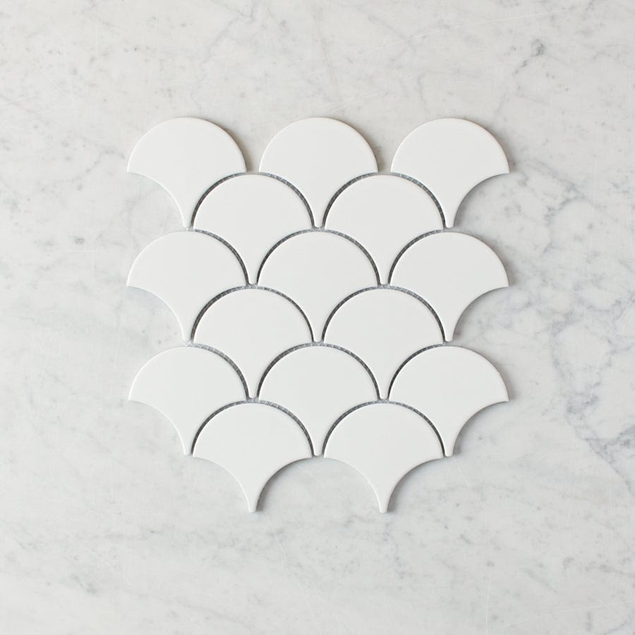 Premium Coral Bay Matte White Fish Scale Tile - Waterproof & Durable Ceramic Wall & Floor Tile for Bathroom, Kitchen, and Backsplash - Elegant Home Decor Upgrade
