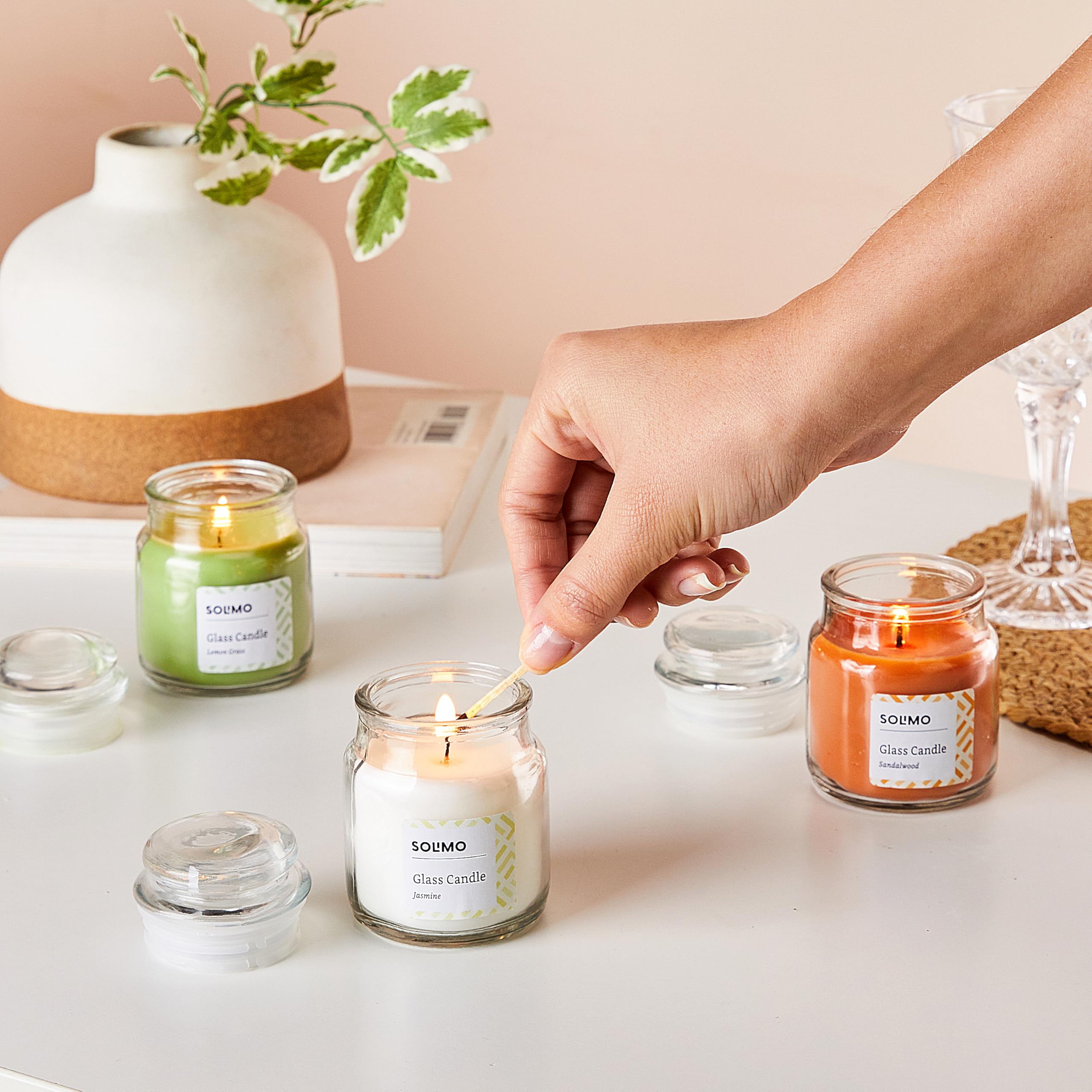 Solimo 3 oz Scented Candles Set of 3 - Sandalwood, Jasmine & Lemongrass | Smokeless, No Residue, 20-Hour Burn Time | Perfect for Home Relaxation, Spa, Yoga & Romantic Dinners