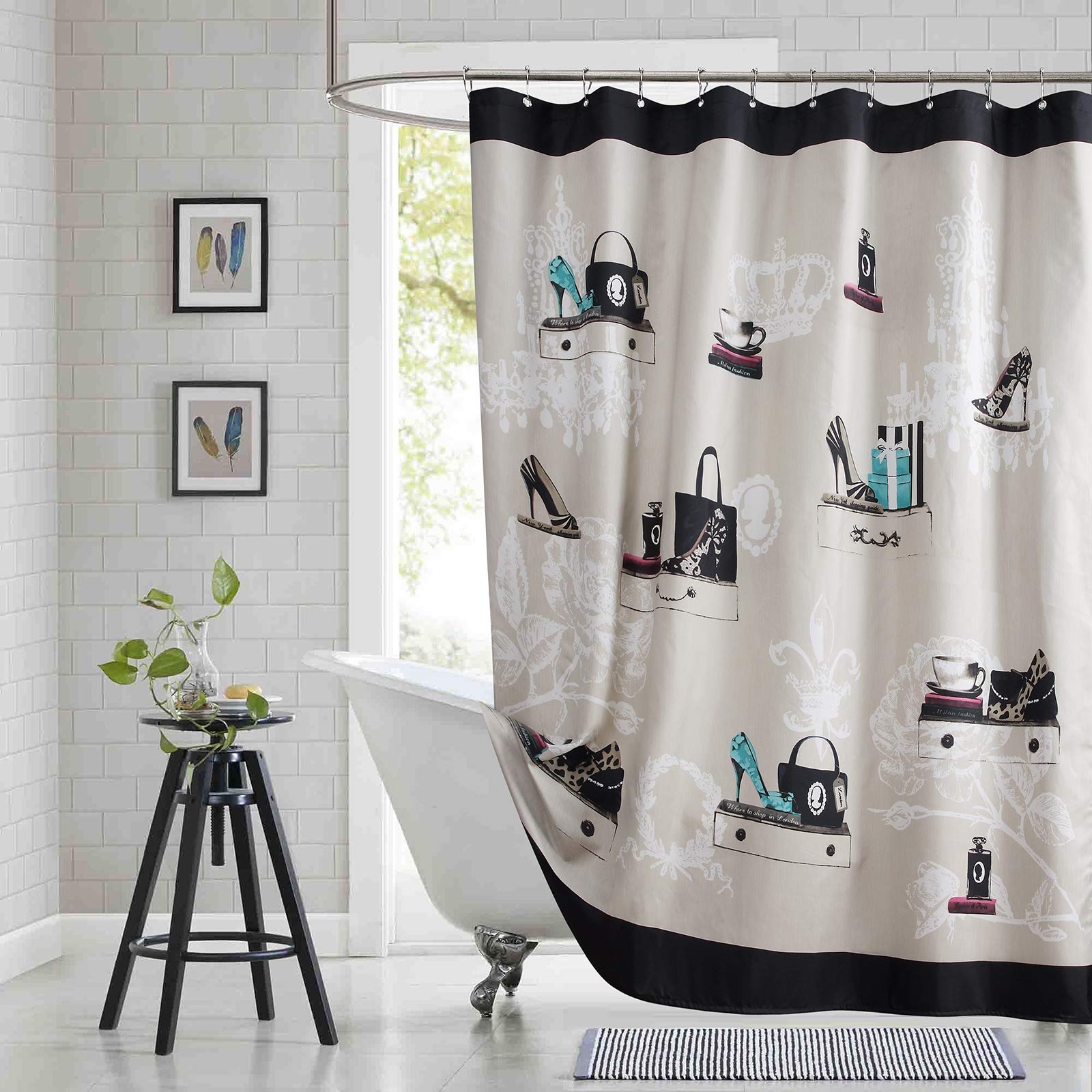 BESTRIPES Long Fabric Shower Curtain - Black & Beige High Heels & Handbag Print - 72x78 Inch Waterproof Bathroom Curtain - Modern Decorative Cloth Shower Curtain for Women's Bathroom, Apartment, Dorm & Hotel Use