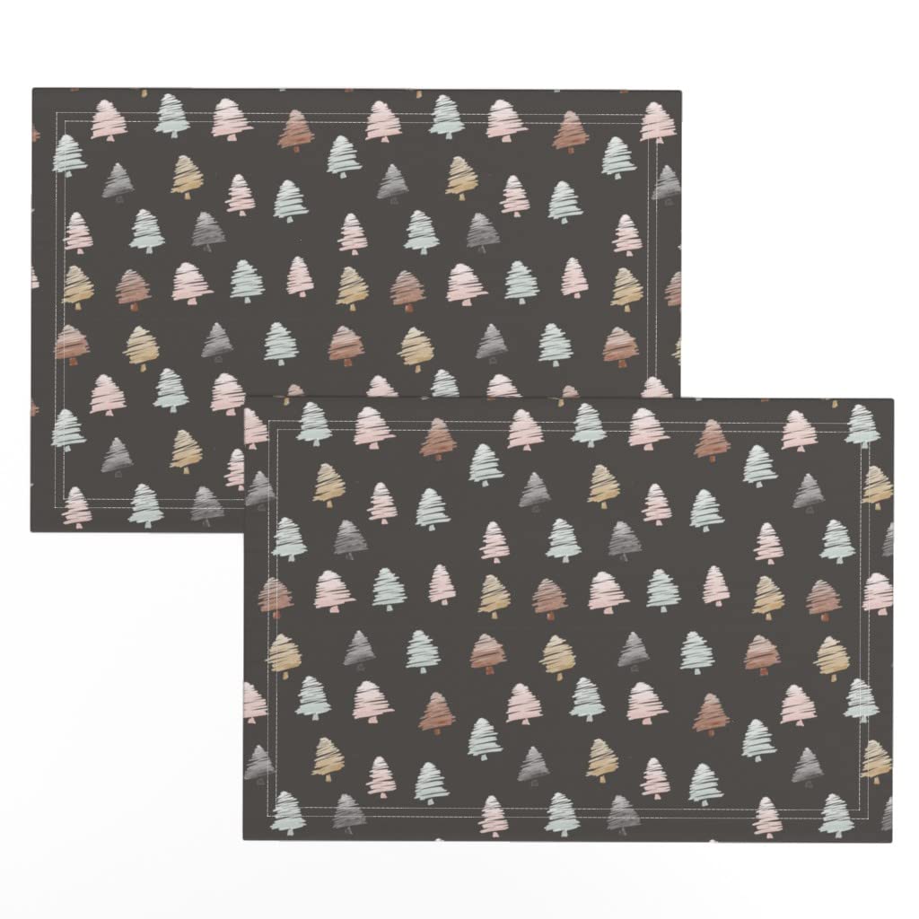 Premium Linen Cotton Canvas Placemats Set of 2 - Christmas Forest Grey Holiday Design with Magic Tree & Gift Print | Elegant Dining Table Decor for Christmas Parties, Family Gatherings & Festive Home Decor