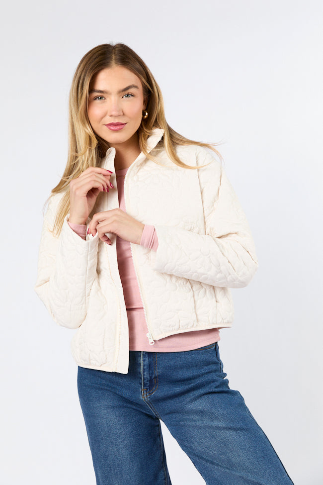 Full Bloom Cream Floral Quilted Zip Up Jacket for Women - Lightweight Spring Outerwear for Casual Wear & Outdoor Activities