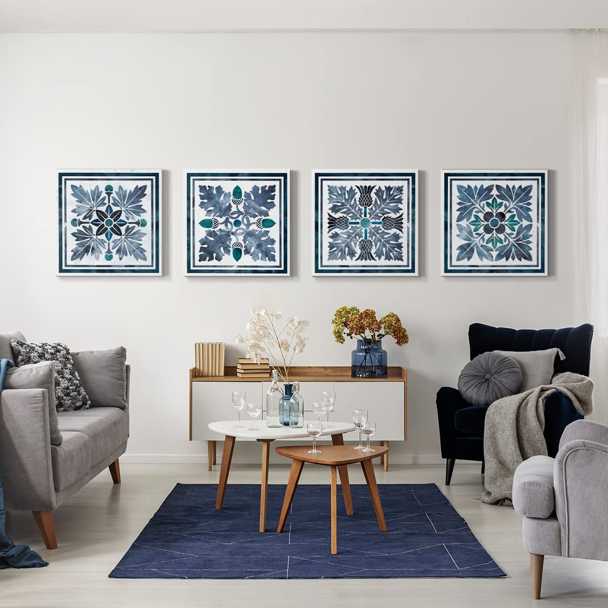 Abstract Flower Wall Art Prints - Blue Nature Inspired Canvas Painting Set of 4 (24x24 inch Each) - Modern Home Decor for Bedroom, Living Room & Bathroom | Perfect for Boho, Scandinavian & Contemporary Interior Design Styles