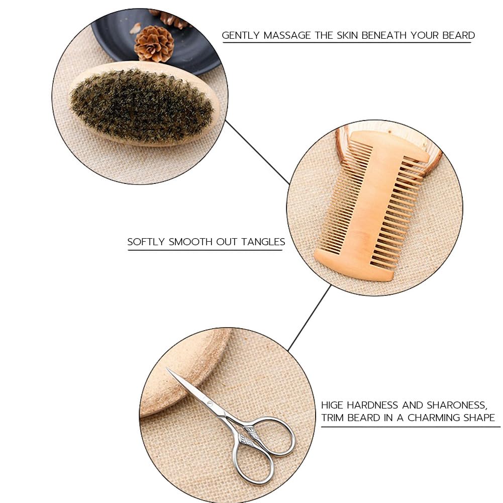Premium Beard Grooming Kit for Men - Boar Bristle Brush, Bamboo Comb & Mustache Scissors Set | Beard Straightener, Softener & Styling Tools | Perfect for Daily Care, Travel & Gifts