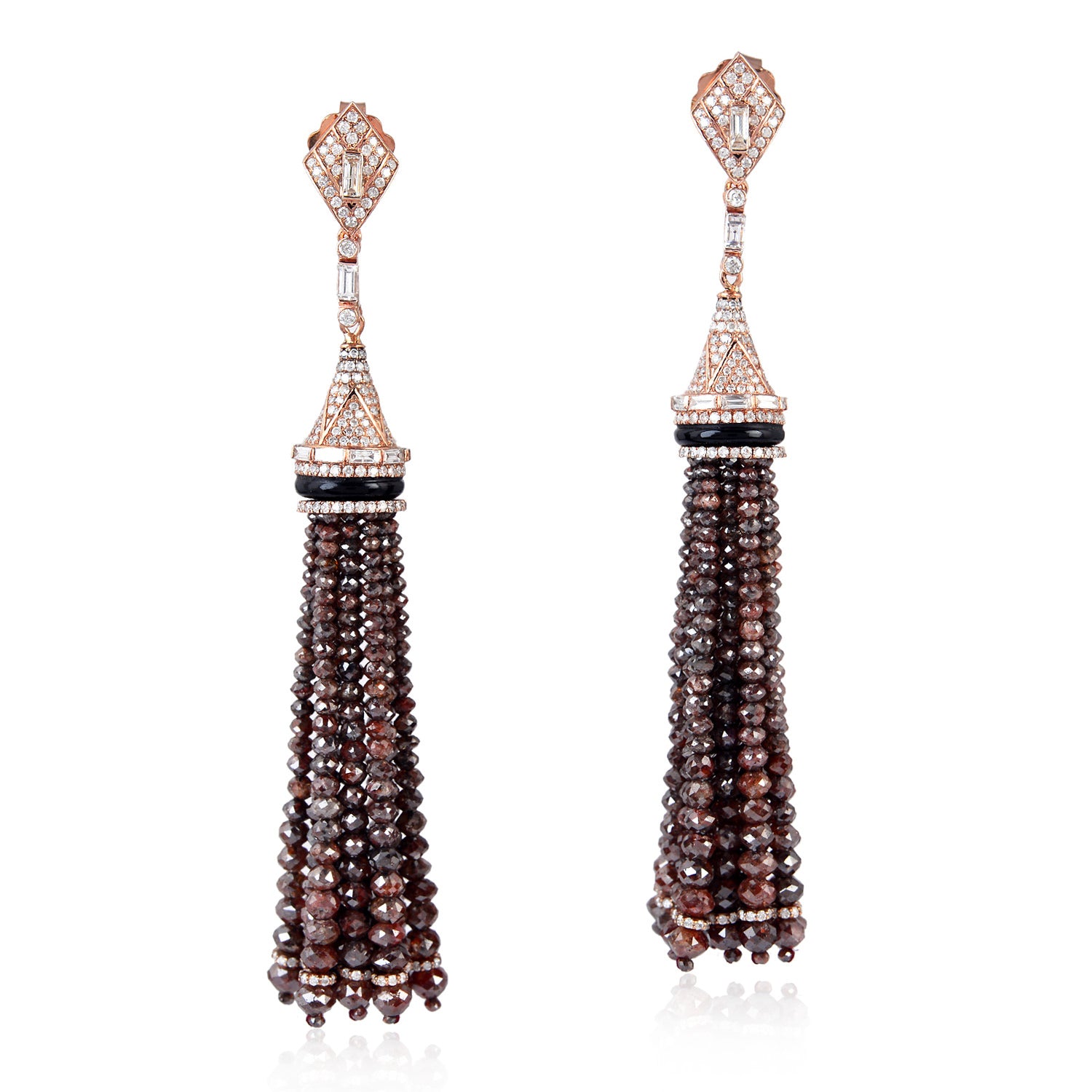 Rose Gold Faceted Beads Ice Diamond Round Onyx Baguette Tassel Earrings - Elegant Dangle Earrings for Women, Perfect for Parties, Weddings & Evening Events