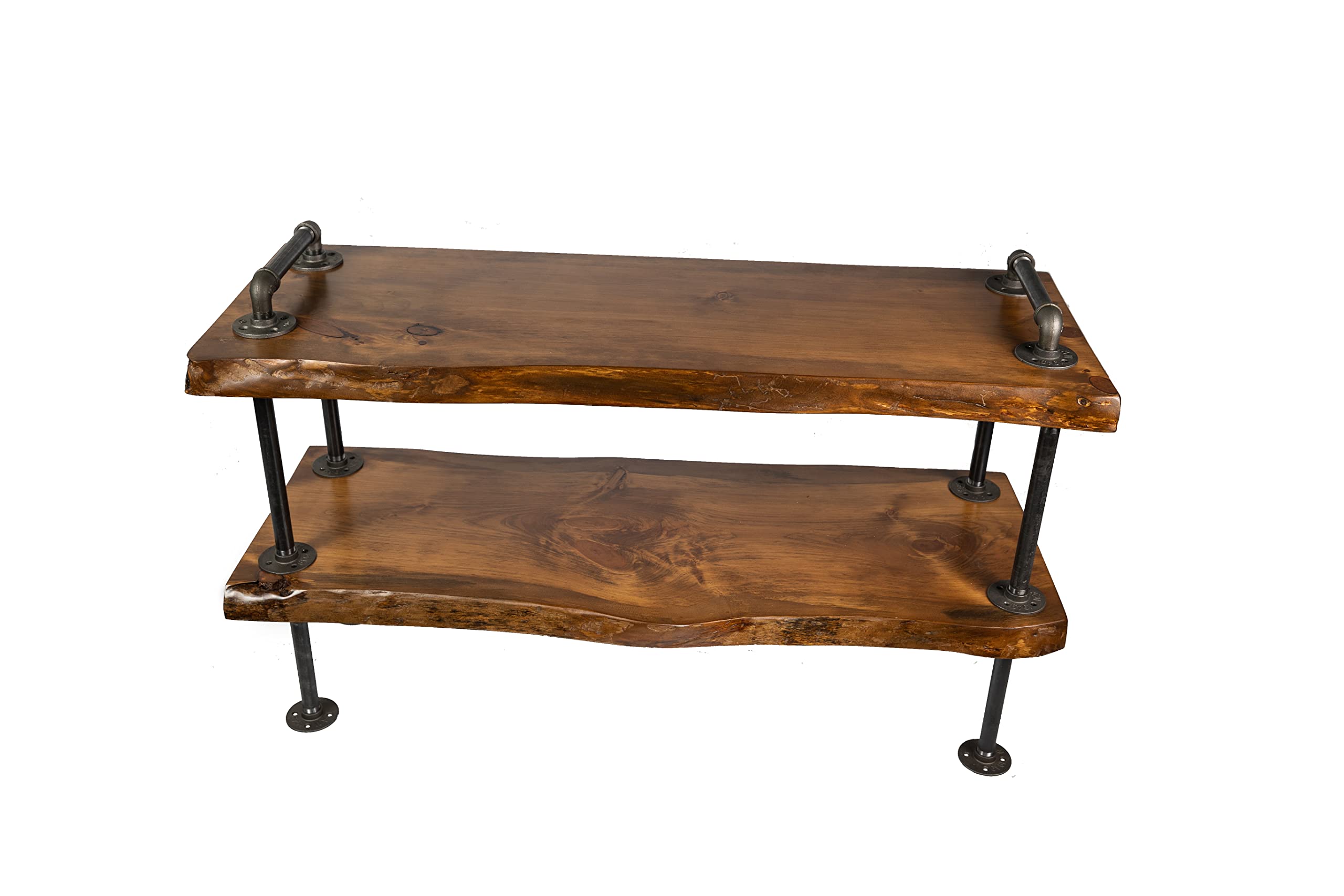 Handcrafted Southern Rustic Logwerks Industrial Pipe Live Edge TV Stand - Steampunk Entertainment Center with Honey Pine Wood | Perfect for Living Room & Man Cave Décor