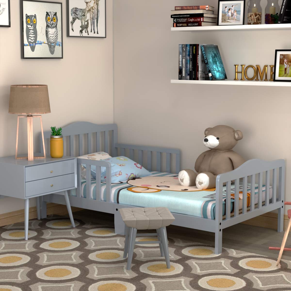 HONEY JOY Solid Rubber Wood Toddler Bed Frame with Safety Guardrail - Fits Full Size Crib Mattress (Not Included) | Classic Kids Bedroom Furniture for Boys & Girls | Perfect for Nursery, Daycare or Children's Bedroom (Gray)