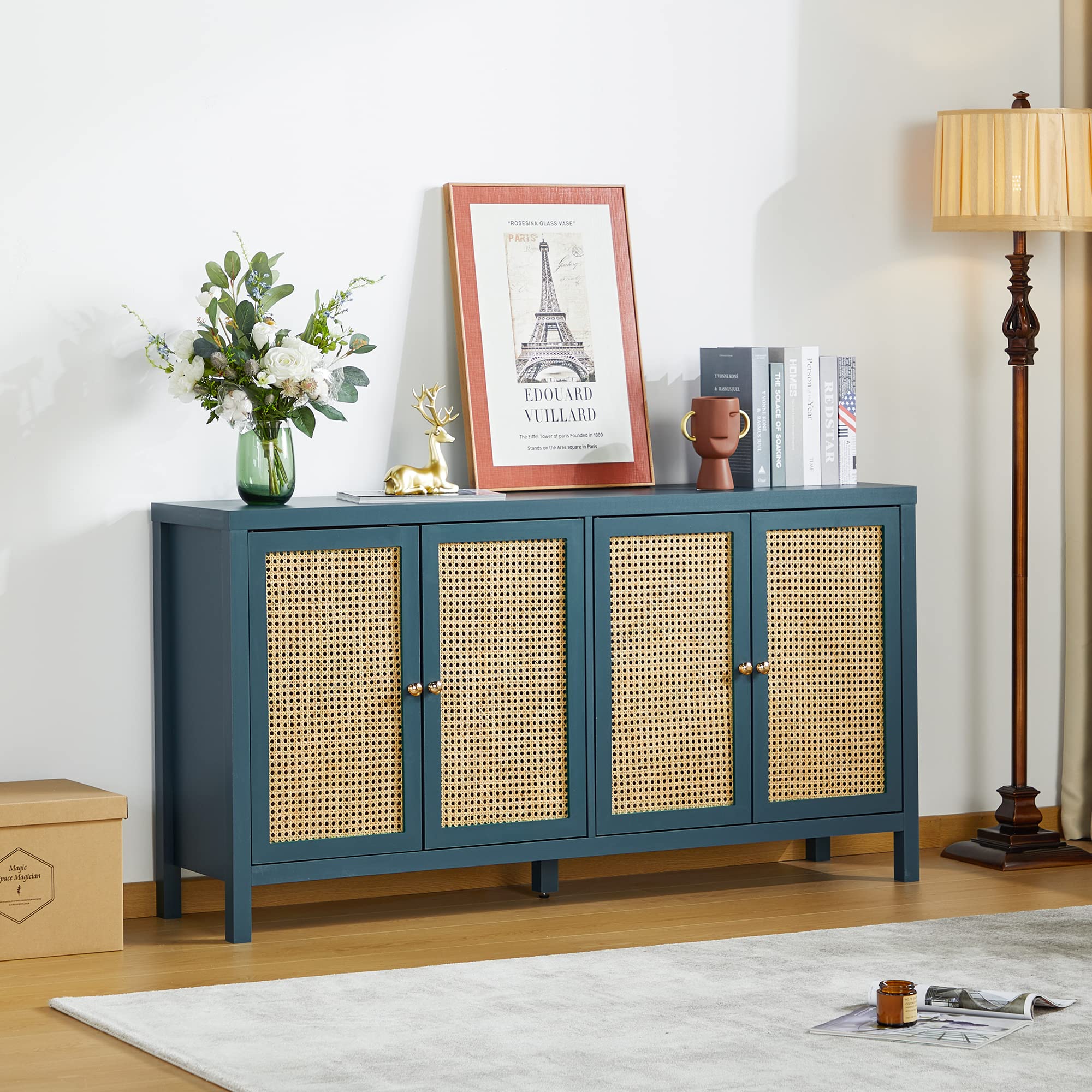 QHITTY Rattan Sideboard Buffet Cabinet - 4 Door Storage Console Table with Adjustable Shelves for Kitchen, Dining & Living Room | Blue Accent Cabinet for Hallway Decor & Home Organization