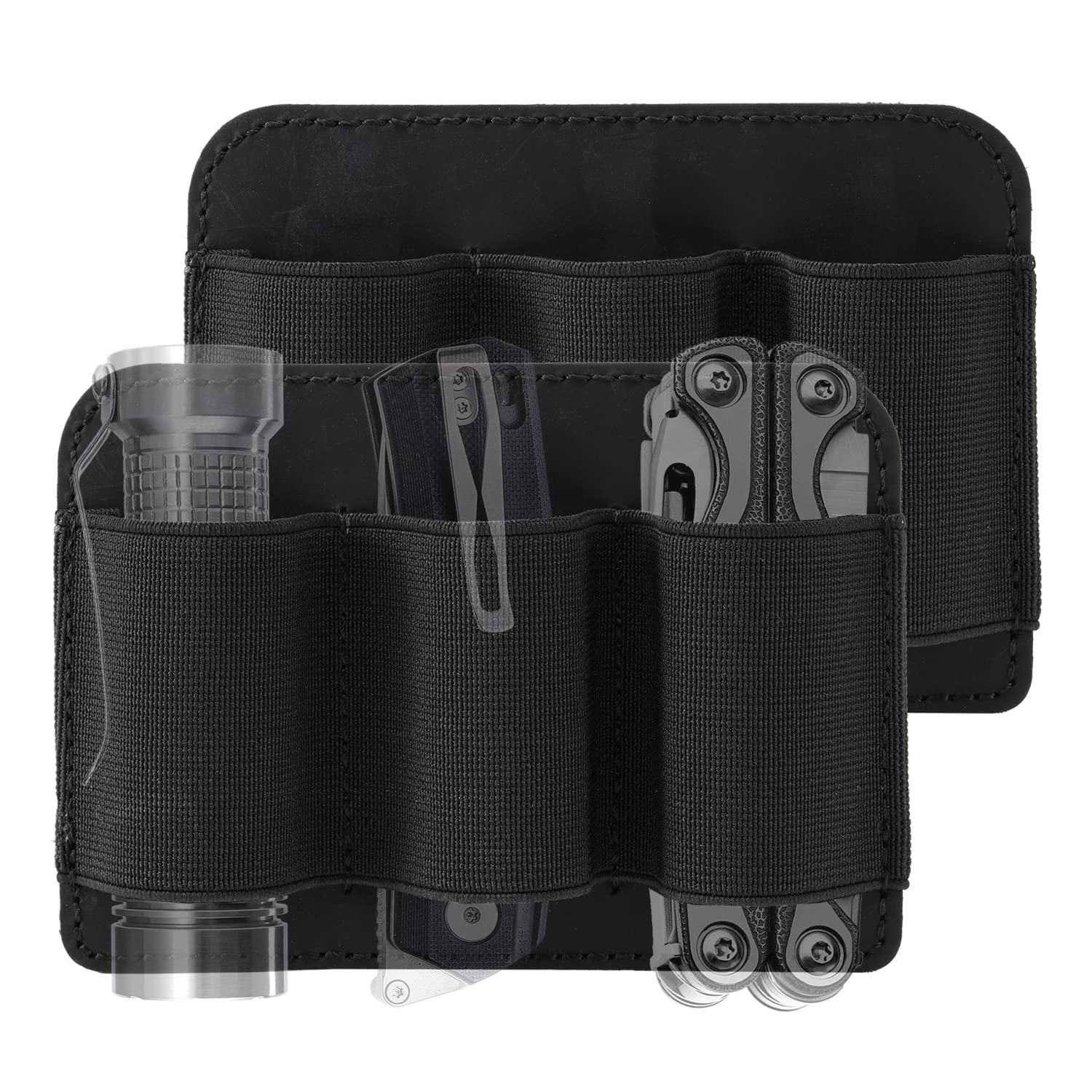 Viperade PL6 EDC Elastic Organizer Patch Panel with Leather Side Hooks - Tactical Flashlight Pen Battery Holder for Everyday Carry Gear - Black - Perfect for Tactical Backpacks, Bug Out Bags & Survival Kits
