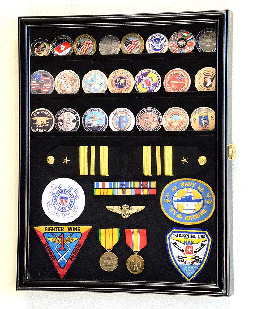 Custom Challenge Coins, Medals, Pins, Badges & Ribbons Display Case - Black Finish Wooden Cabinet for Military, Police & Collectors | Perfect for Awards, Memorabilia & Office Decor