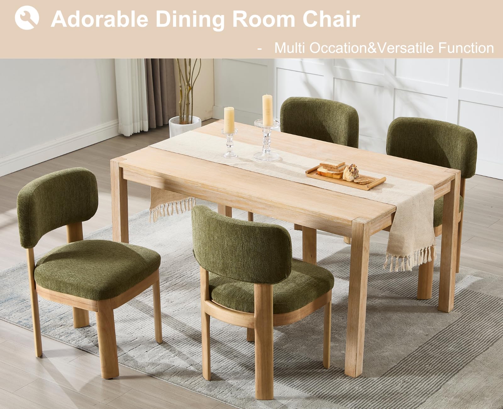 Mid Century Modern Dining Chairs Set of 2 - Green Upholstered Wooden Farmhouse Kitchen Chairs, Armless Accent Side Chairs for Dining Room & Living Room with Soft Chenille Fabric - Perfect for Home Decor & Entertaining