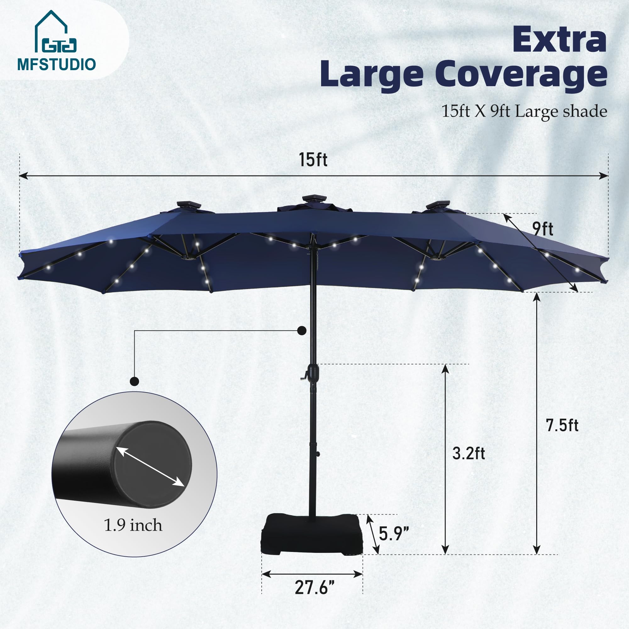 MFSTUDIO 15ft Double Sided Solar LED Patio Umbrella with Crank Handle - Outdoor Rectangular Market Umbrella for Deck, Pool, Garden, and Backyard Shade - Includes Base & 36 LED Lights for Nighttime Ambiance