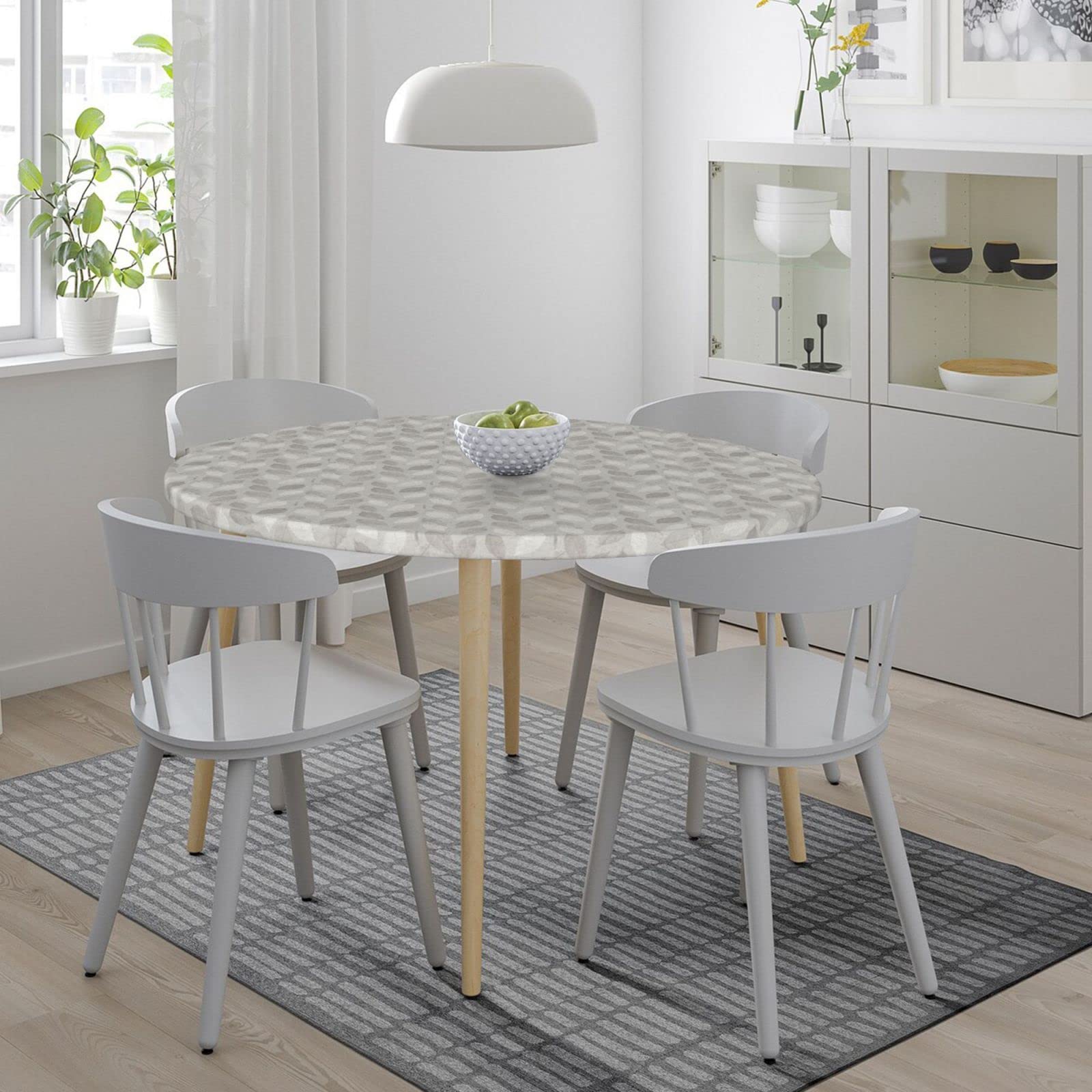 Waterproof Wipeable Elastic Edged Round Fitted Tablecloth - Grey Leaves Print for 40