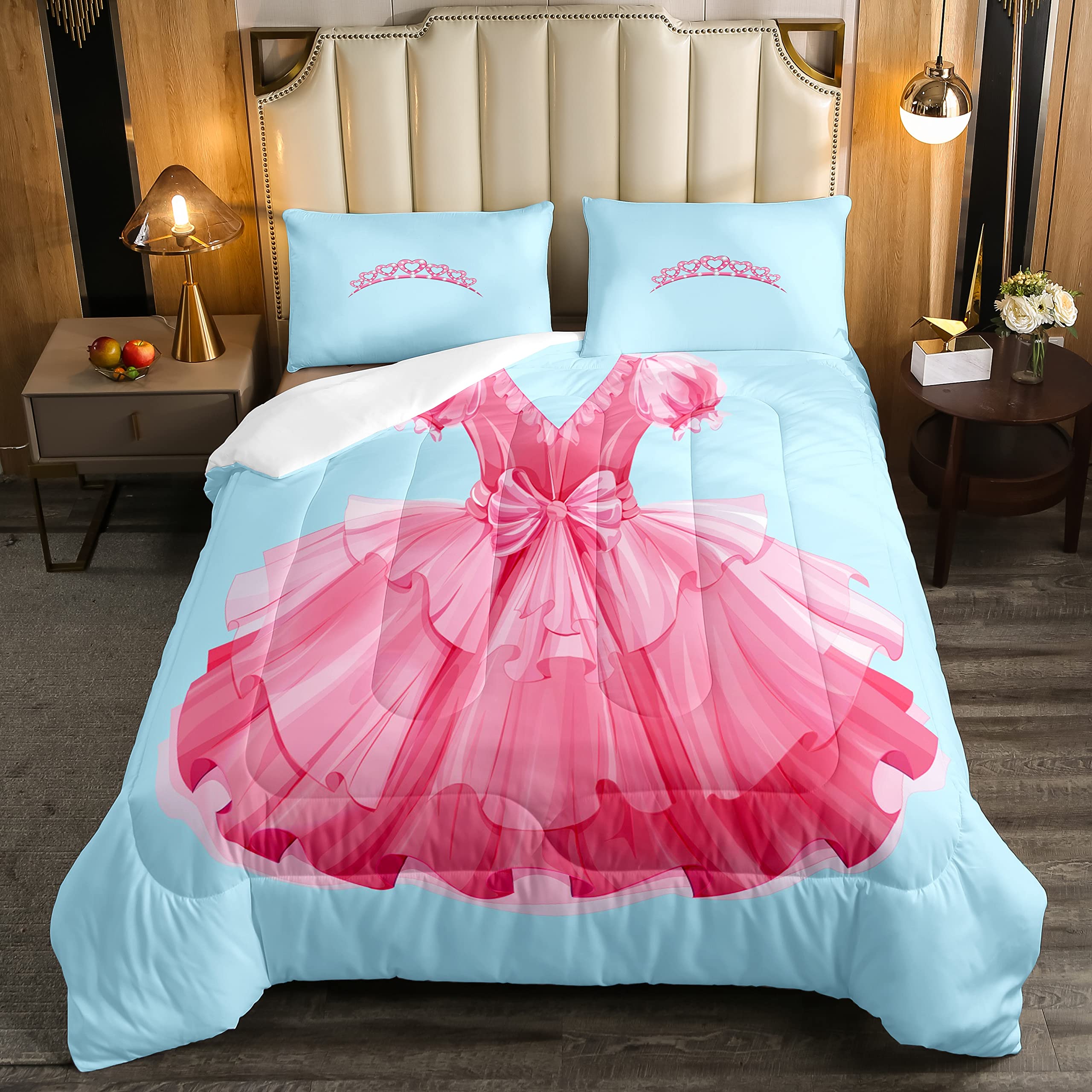 Erosebridal Kawaii Comforter Set - Pastel Pink Down Comforter for Girls, Princess Bedding Set with Matching Crown Pillow - Twin Size Luxury Kids Bedroom Decor for Sweet Dreams & Playtime