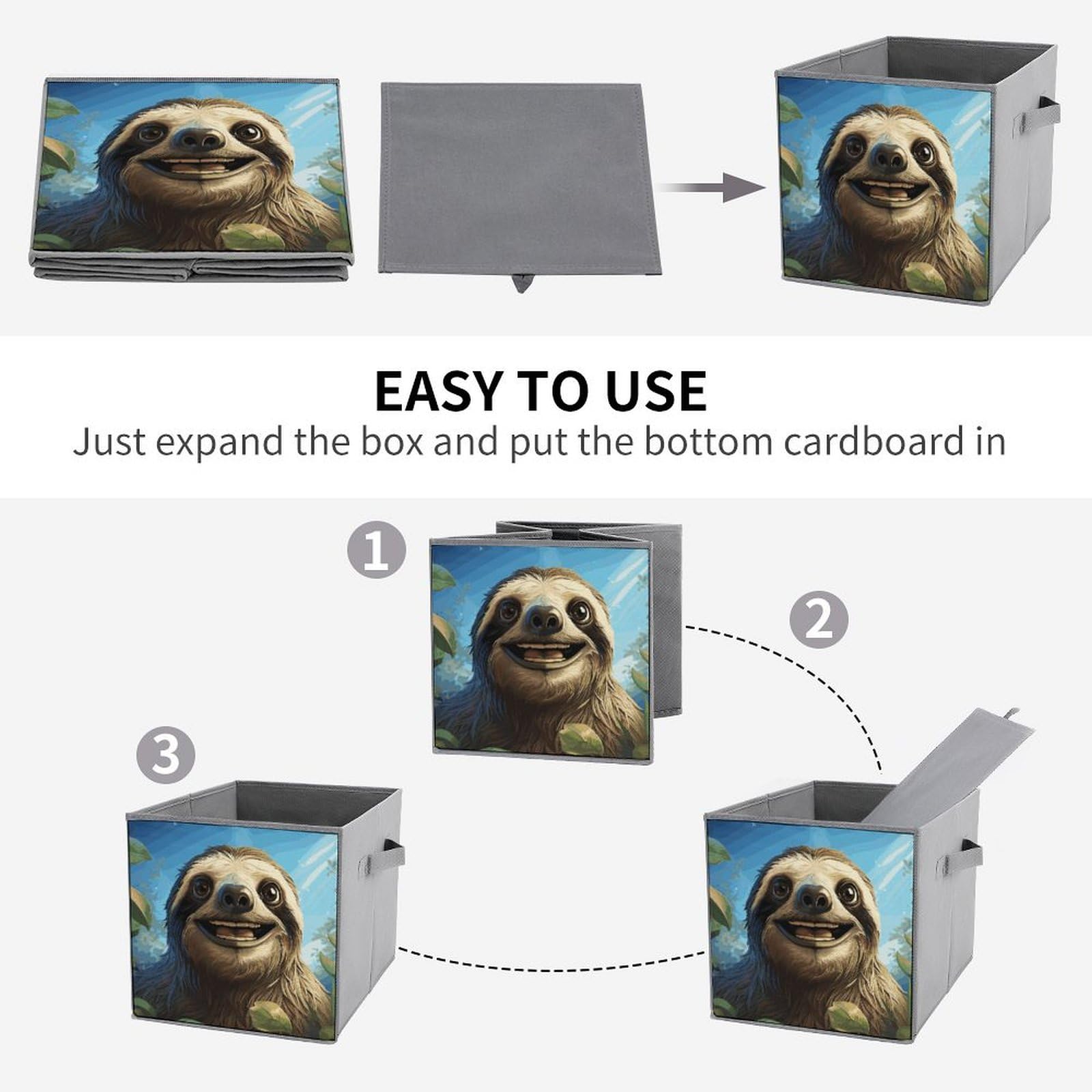 6PCS Collapsible Storage Bins with Handles - Funny Sloth Printed Organizers for Shelves & Home