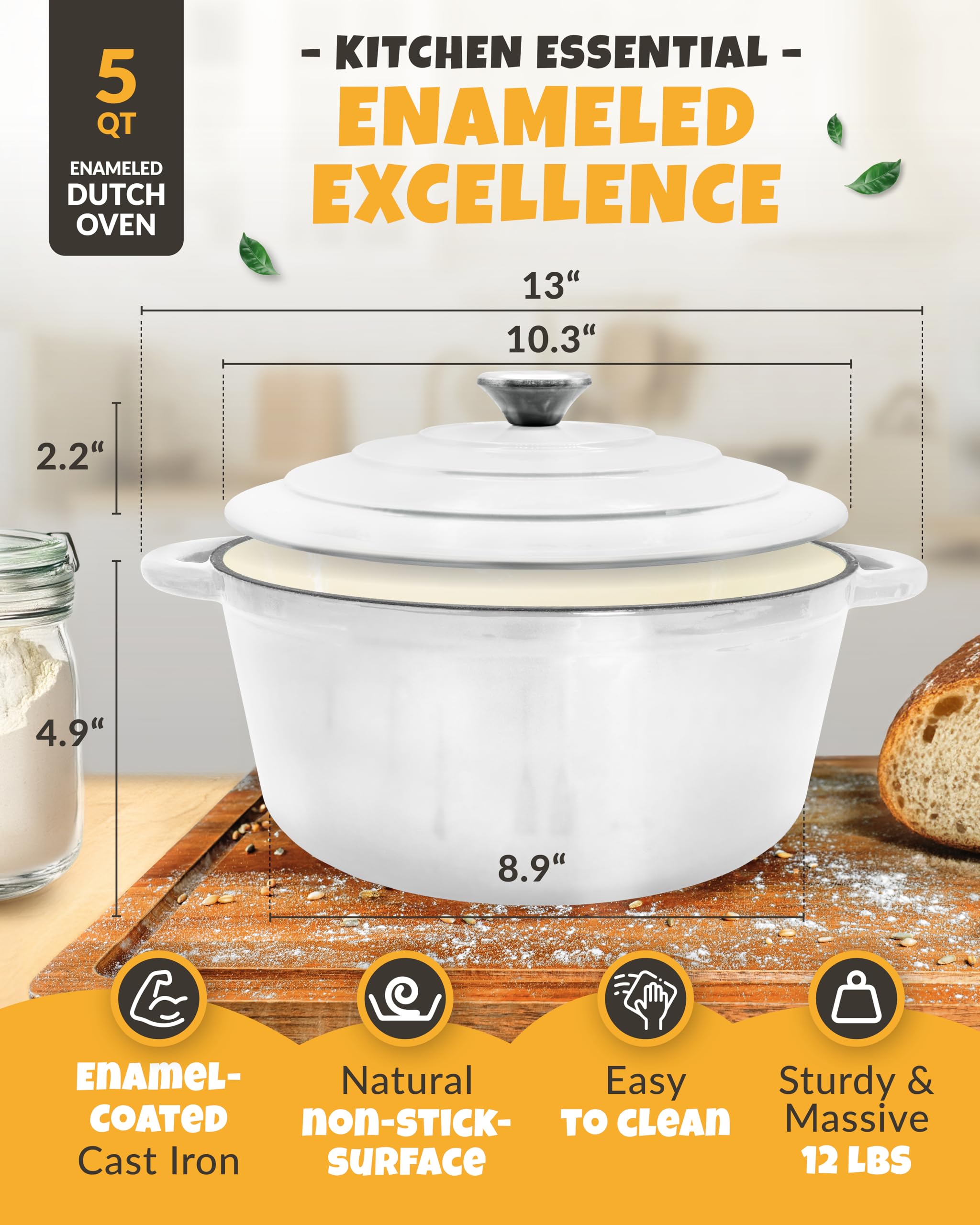 5QT Enameled Cast Iron Dutch Oven for Bread Baking - Includes Banneton Proofing Basket, Scoring Lame & Baking Pan - Perfect for Sourdough, Artisan & Homemade Bread (Ideal for Kitchens, Camping & Outdoor Cooking)