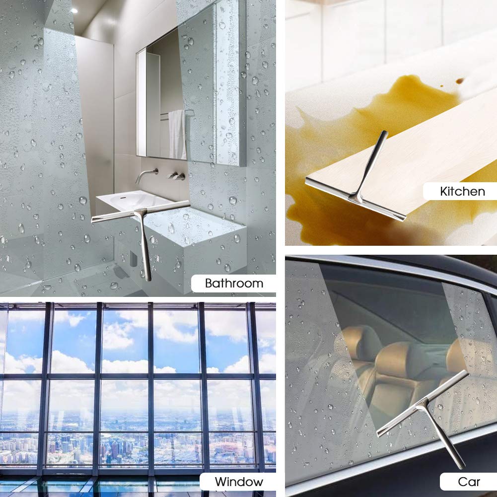 Premium Stainless Steel Shower Squeegee with Self-Adhesive Hook - Bathroom Mirror Wiper & Glass Cleaner for Shower Doors, Windows, Tiles - Perfect for Streak-Free Cleaning in Bathrooms, Kitchens, and Offices
