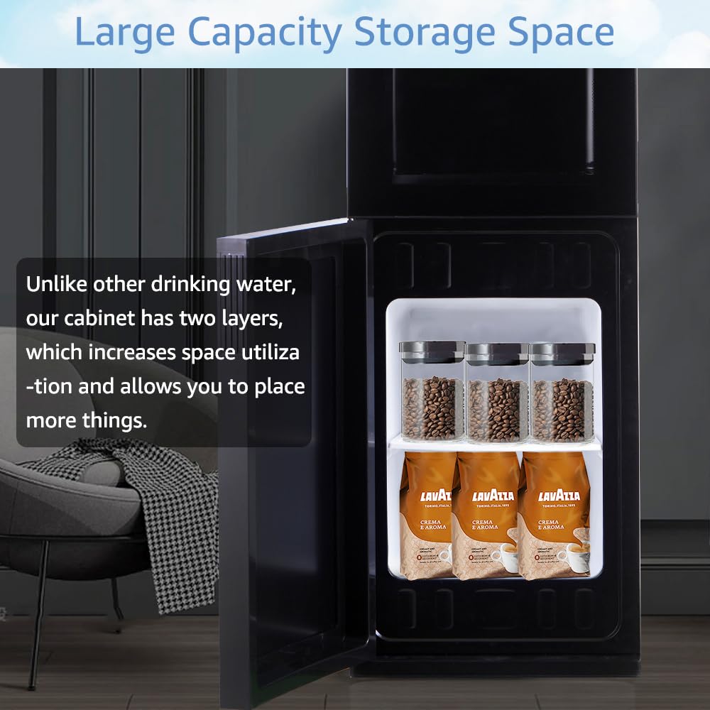 Top Loading Hot & Cold Water Cooler Dispenser for 3/5 Gallon Bottles with Storage Cabinet & Child Safety Lock - Home & Office Water Dispenser for Kitchen, Break Room, Dorm (Black)