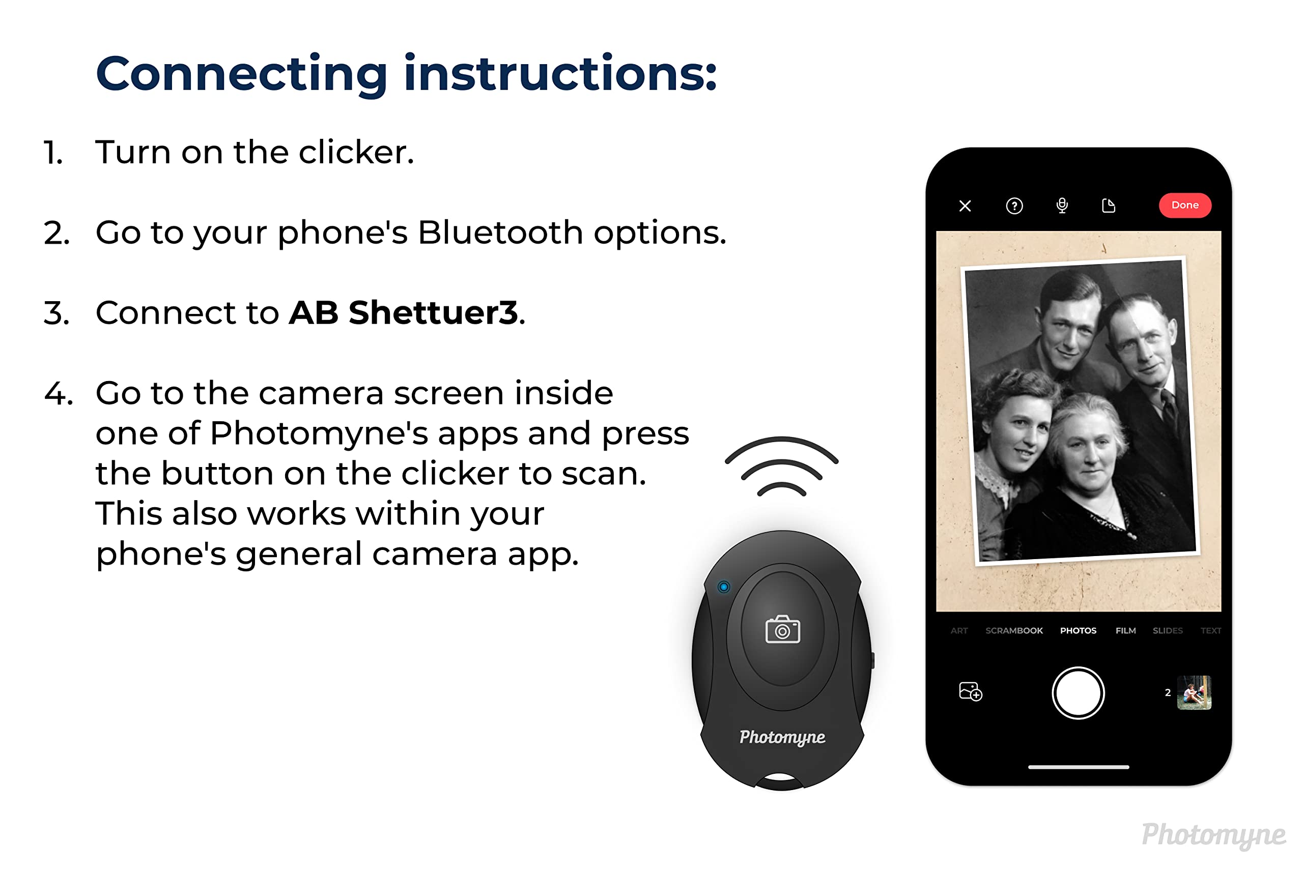 Photomyne Wireless Camera Remote for iPhone & Android - Selfie Shutter Clicker with Wrist Strap for Travel & Group Photos