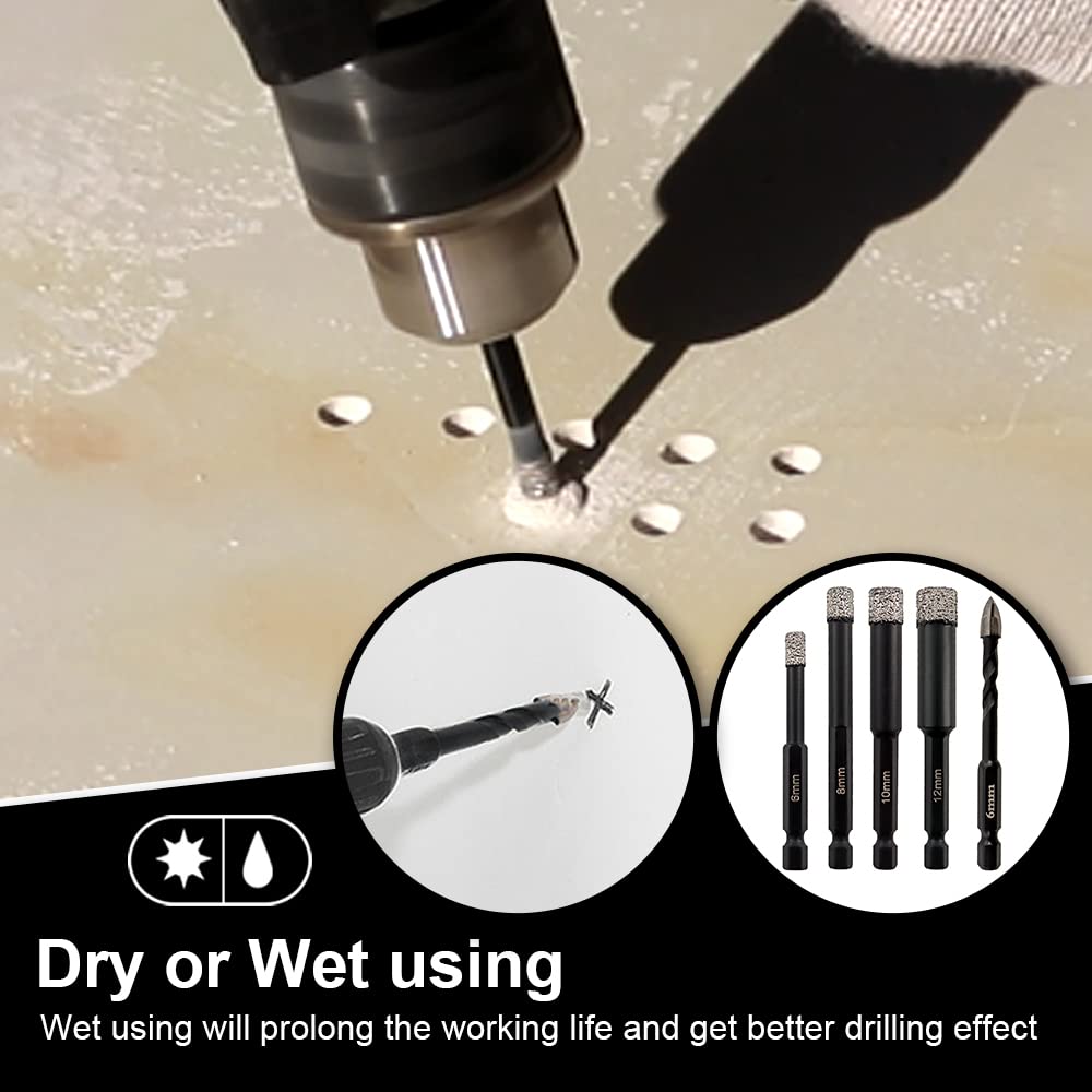 Premium SHDIATOOL 4-Piece Dry Diamond Drill Bit Set with 1/4-Inch Tile Core Bits & Carbide Drill Bit for Ceramic, Tile, Marble, Porcelain (6mm) - Perfect for Bathroom Renovations, Kitchen Backsplash Installations & DIY Home Projects