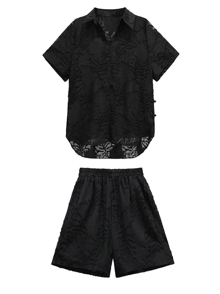 Black Jacquard Shirt & Wide Leg Shorts Two-Piece Set - Women's Fashion Short Sleeve Lapel Suit for Spring Summer 2025 | Office Wear, Casual Outfits & Vacation Style