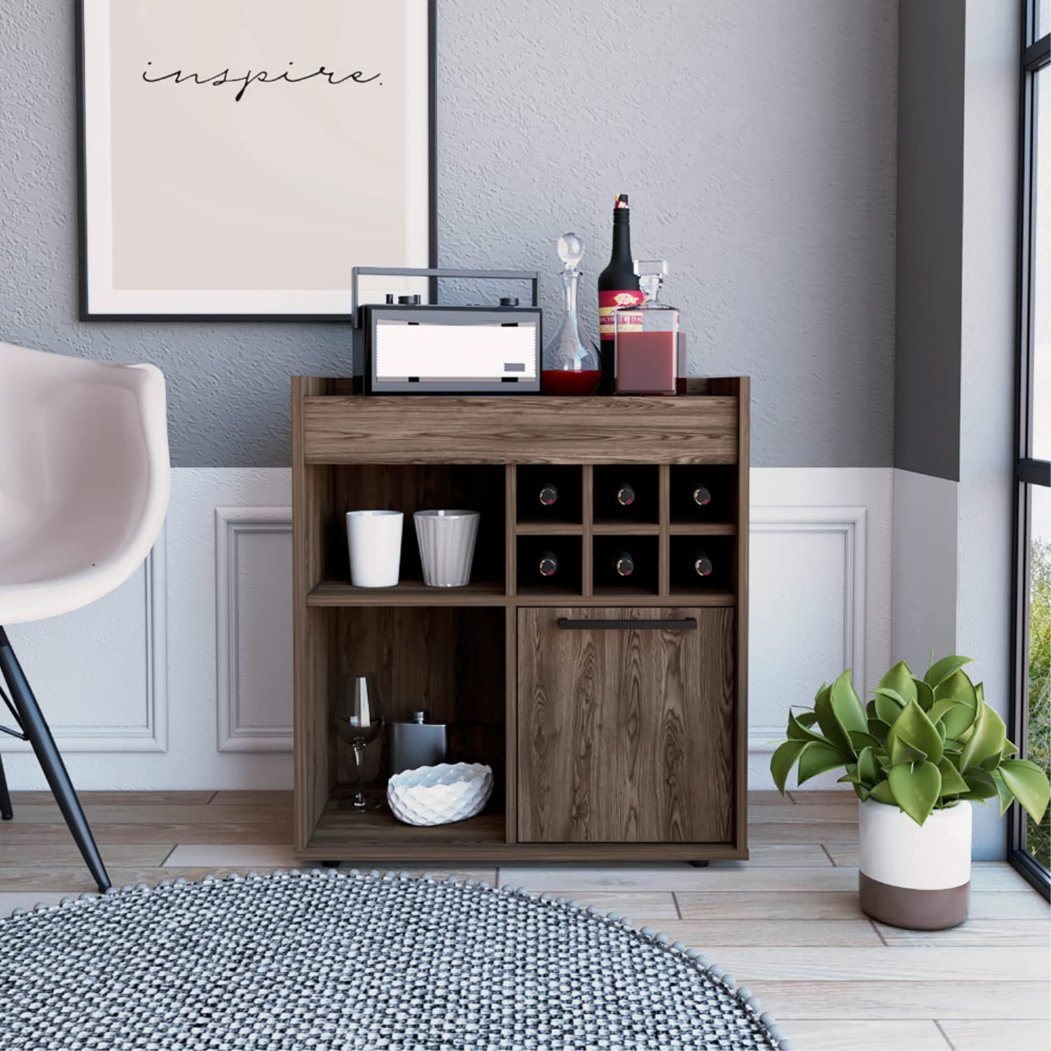 29 Inch Bar Coffee Cart with 6 Bottle Racks & Wood Door Storage Shelf - Dark Walnut Kitchen or Living Room Cabinet for Glasses, Snacks & Wine Storage - Perfect for Home Bars, Entertaining & Small Space Organization