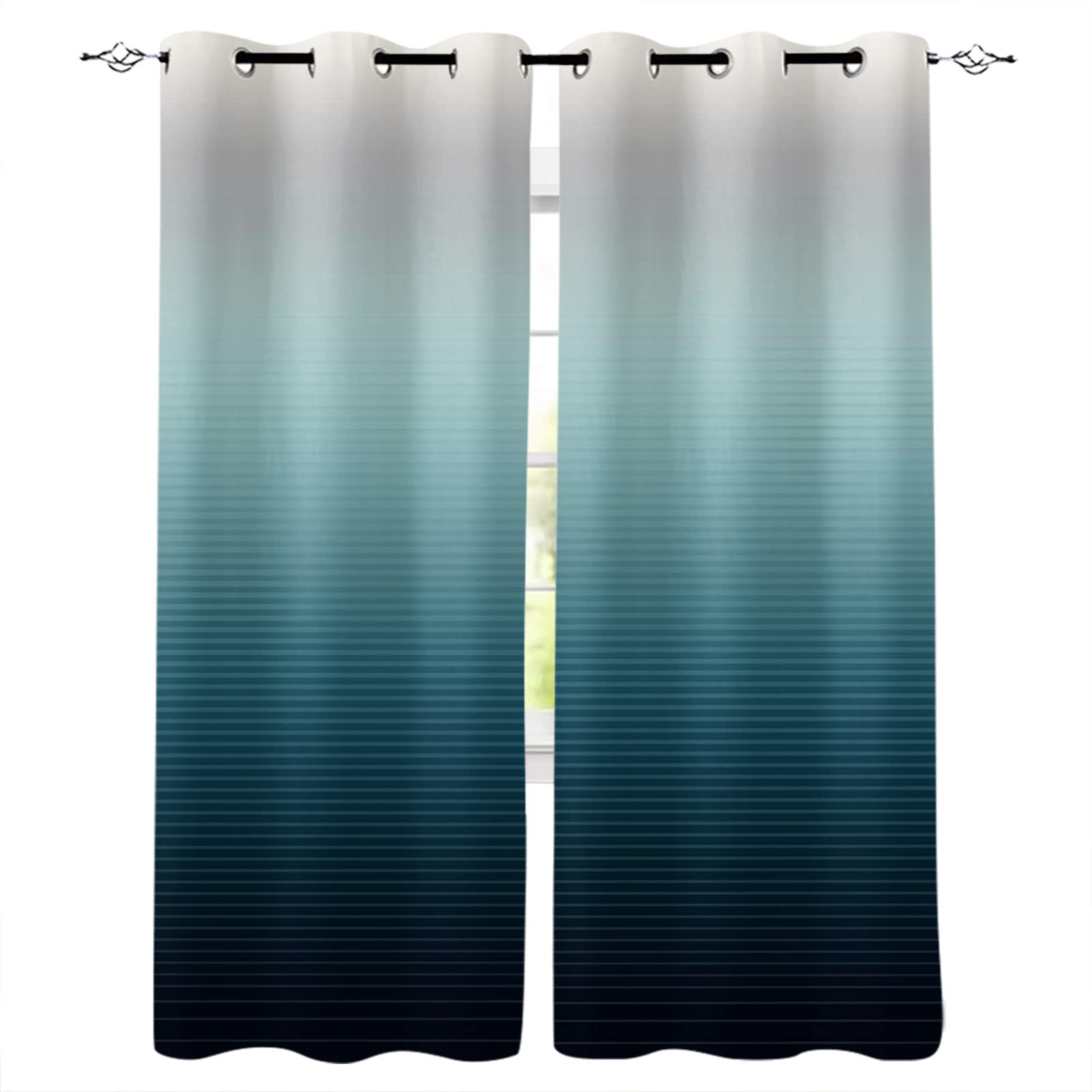 Teal Grey Ombre Stripe Gradient Blackout Curtains - Thermal Insulated Room Darkening Window Drapes for Living Room & Bedroom (2 Panels, 42x84 Inches) - Perfect for Home Decor, Privacy & Energy Efficiency