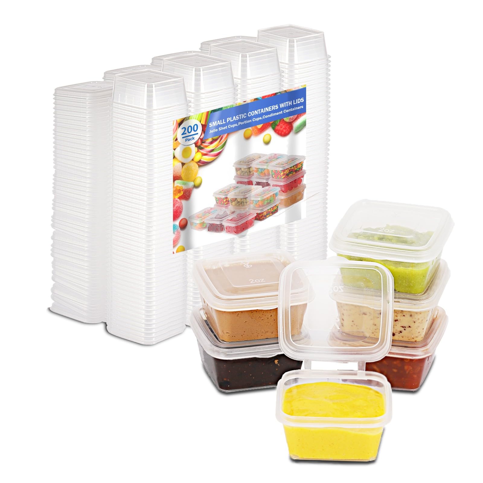 2 oz Plastic Containers with Lids (200 Pack) - Disposable Condiment Cups for Sauce, Jello Shots, Souffle - Square Portion Cups for Restaurants, Catering, Parties & Food Storage