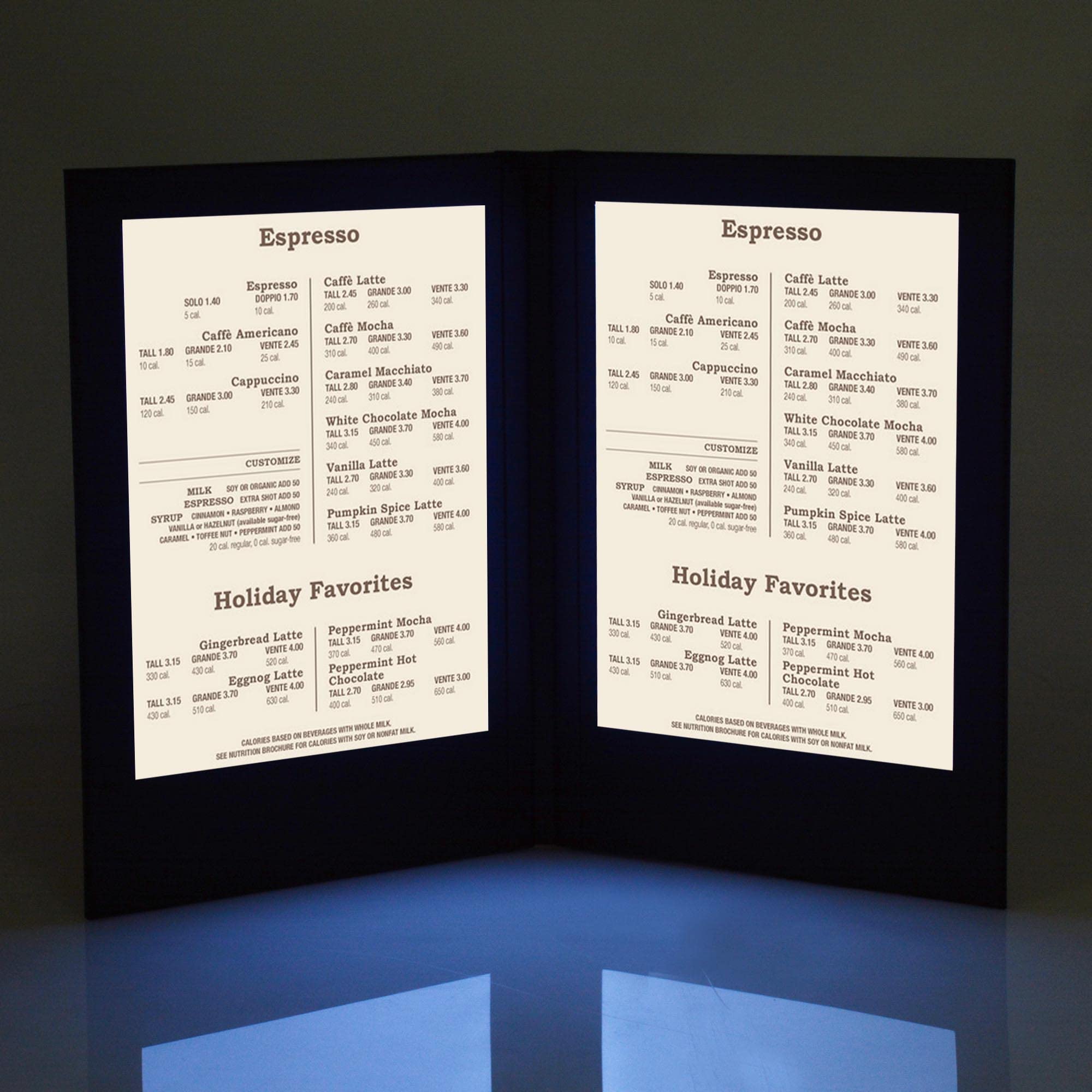 WeChef 4 Pack LED Backlit Menu Cover - Leatherette Wine List & Check Bill Holder for Restaurants - 2-Panel Display Fits 8