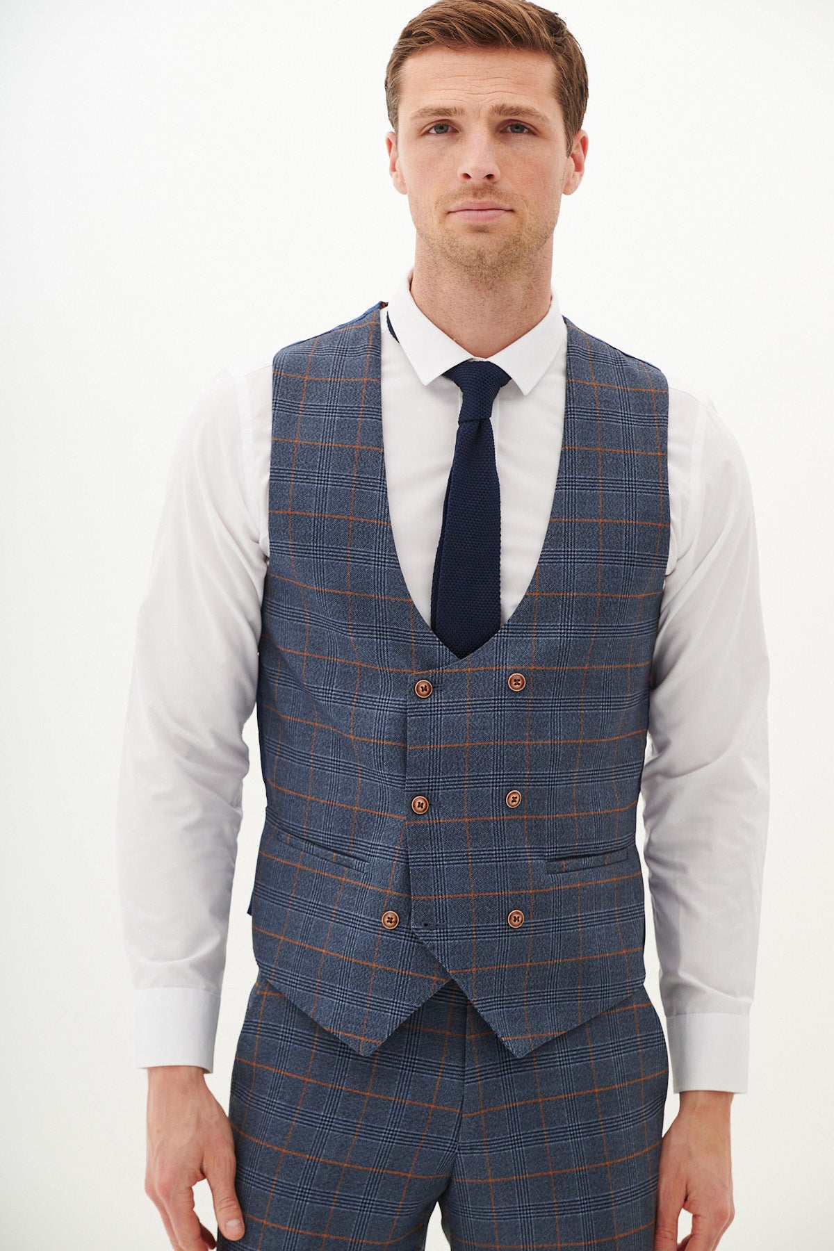 JENSON Sky Blue Check Double Breasted Waistcoat for Men - Stylish Formal Vest for Weddings, Office & Business Attire