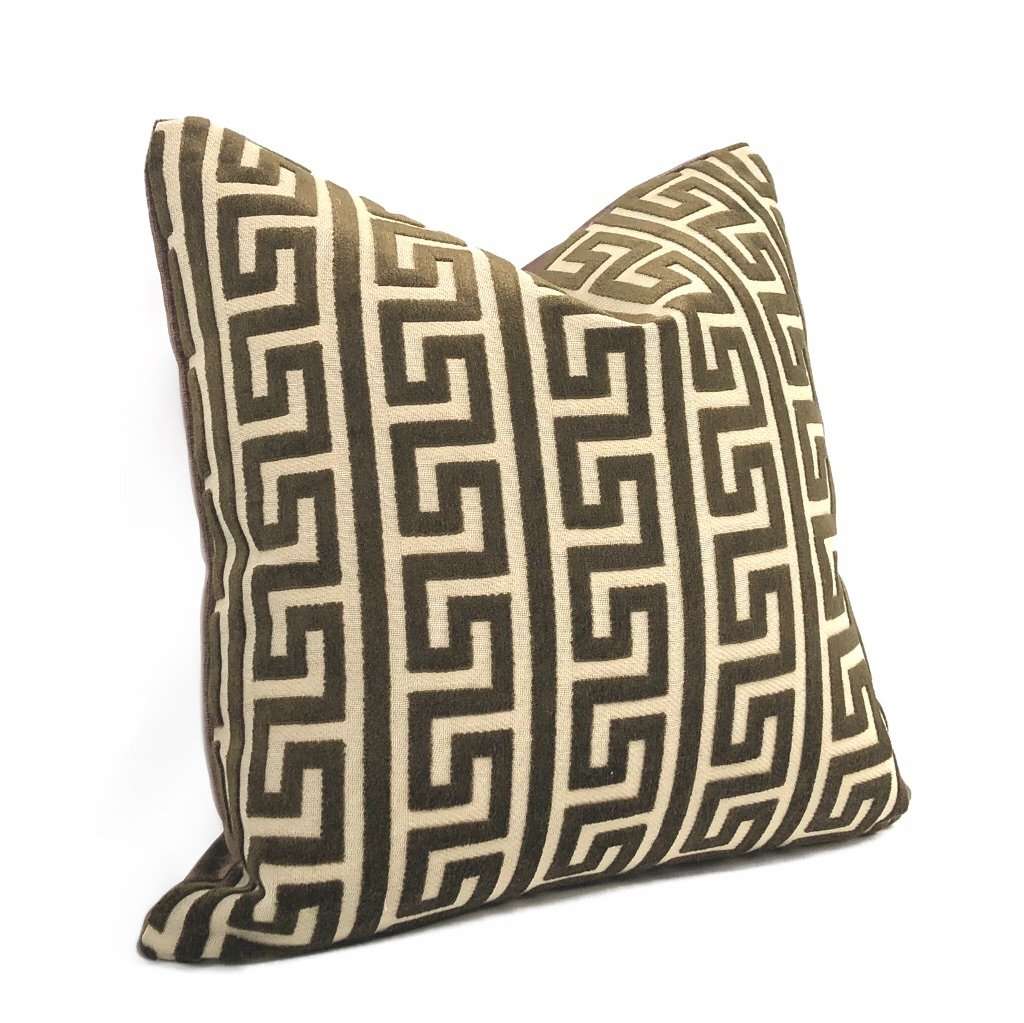 Logan Brown Greek Key Stripe Cut Velvet Pillow Cover - Decorative Throw Pillow Case (Fabric by the Yard Available) - Perfect for Sofa, Bedroom & Home Decor