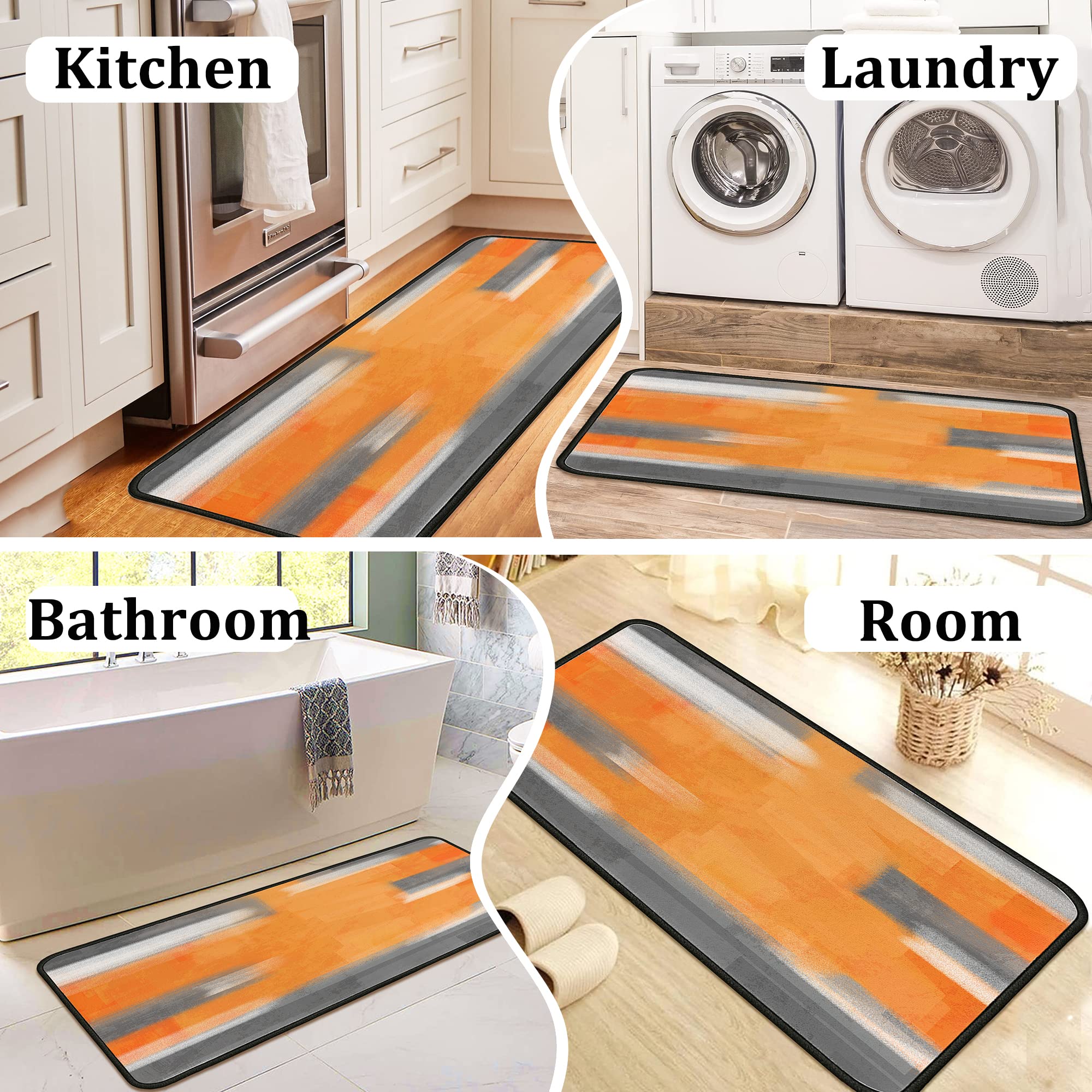 Non-Slip Orange Kitchen Rugs Set of 2 - Washable Floor Mats with Anti-Skid Backing - 17x47.2 & 17x30 Inch Home Decor Runner for Kitchen, Entryway, and Laundry Room - Perfect for High-Traffic Areas and Spill Protection