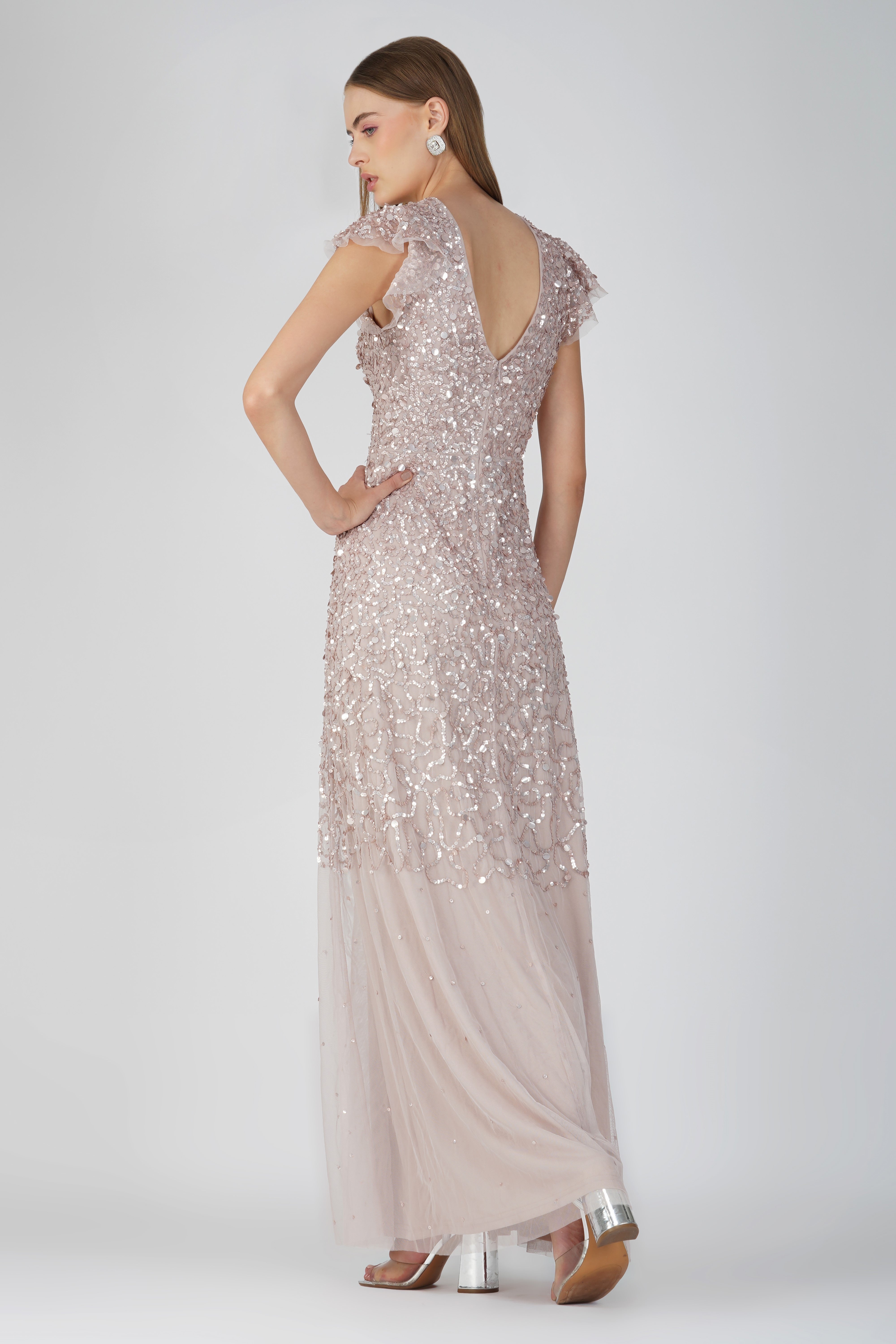 Larissa Women's Short Sleeve Embellished Maxi Dress in Mink - Elegant Formal Evening Gown for Weddings, Parties & Special Occasions