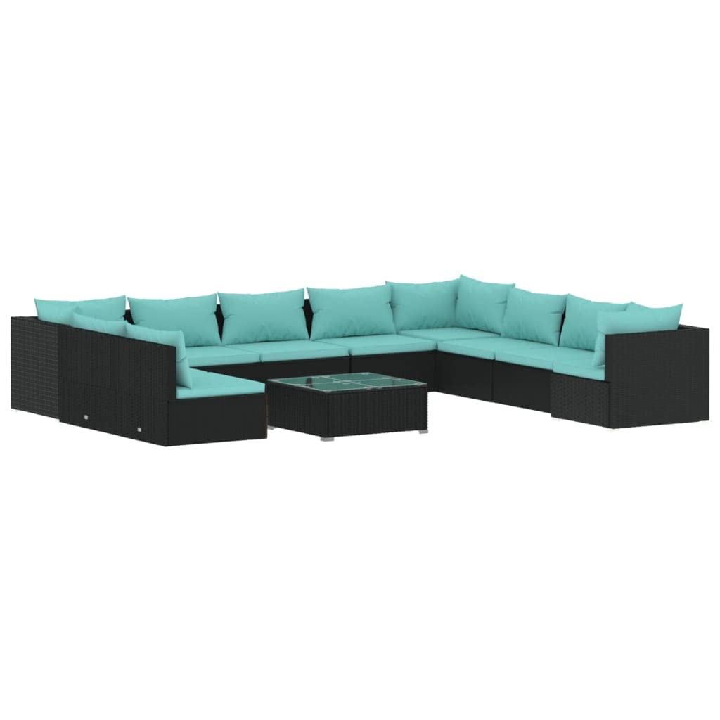 vidaXL 11-Piece Garden Sofa Set - Water-Resistant Poly Rattan Patio Lounge Outdoor Furniture with Cushions in Black & Blue - Perfect for Backyard, Poolside, and Outdoor Relaxation