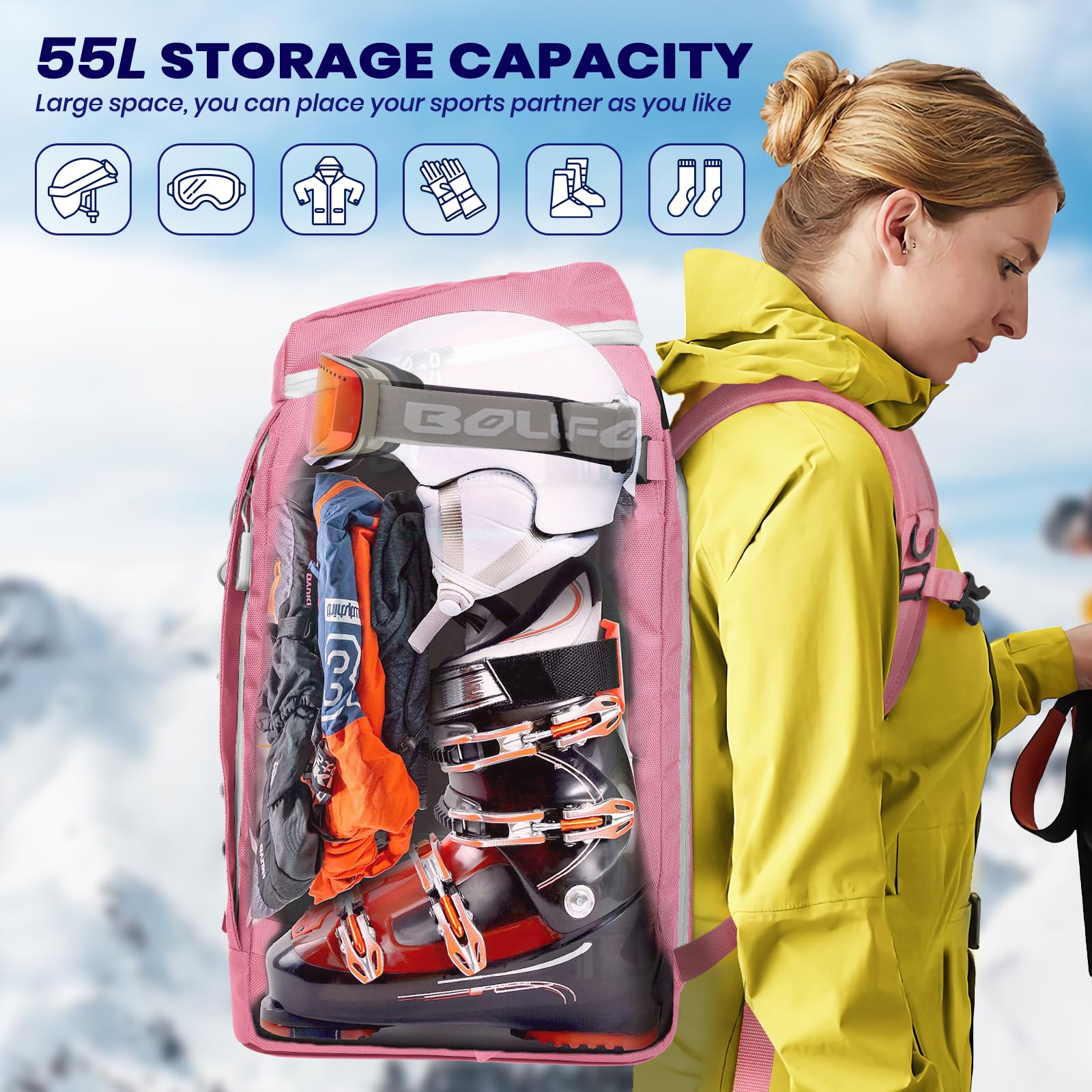 **55L Large Waterproof Ski Boot Backpack - 1680D Nylon Travel Bag for Helmet, Goggles, Gloves & Snowboard Accessories | Perfect for Ski Trips & Winter Sports Travel**