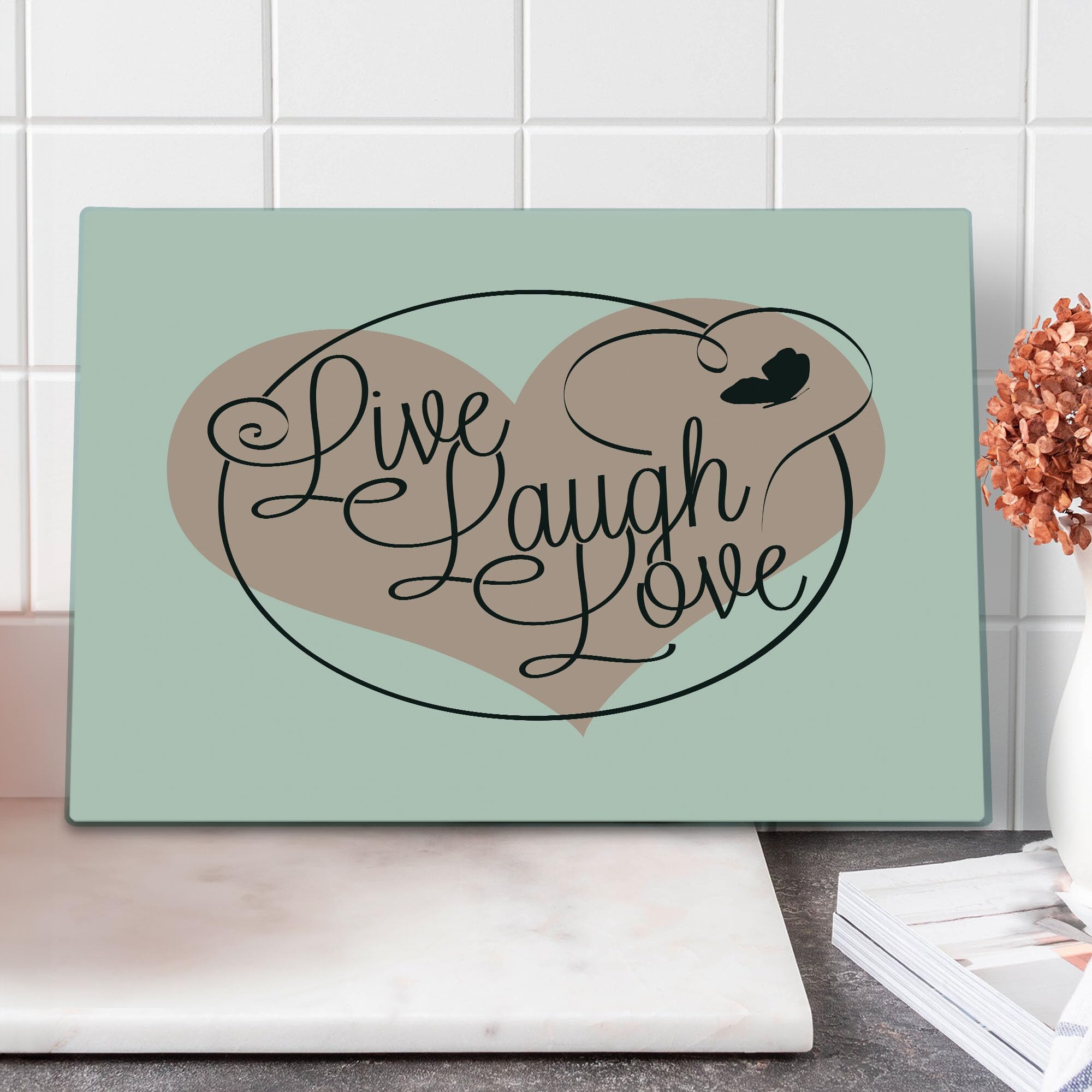 Ambesonne Live Laugh Love Tempered Glass Cutting Board - Valentine's Day Heart Butterfly Calligraphy Art - Large Decorative Serving Board in Pale Pink, Black & White - Perfect for Romantic Dinners, Kitchen Decor & Gift Giving