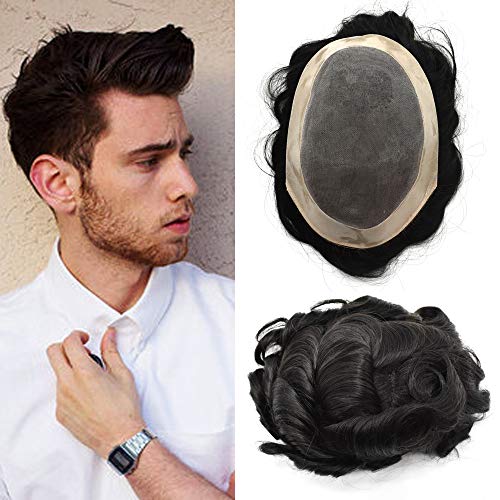 Premium Mono Lace Toupee for Men - 100% Real European Human Hair - Handmade Durable Hair Replacement System with Easy Tape Attachment (9×11, Jet Black 1#) - Perfect for Daily Wear, Special Occasions & Hair Loss Solutions