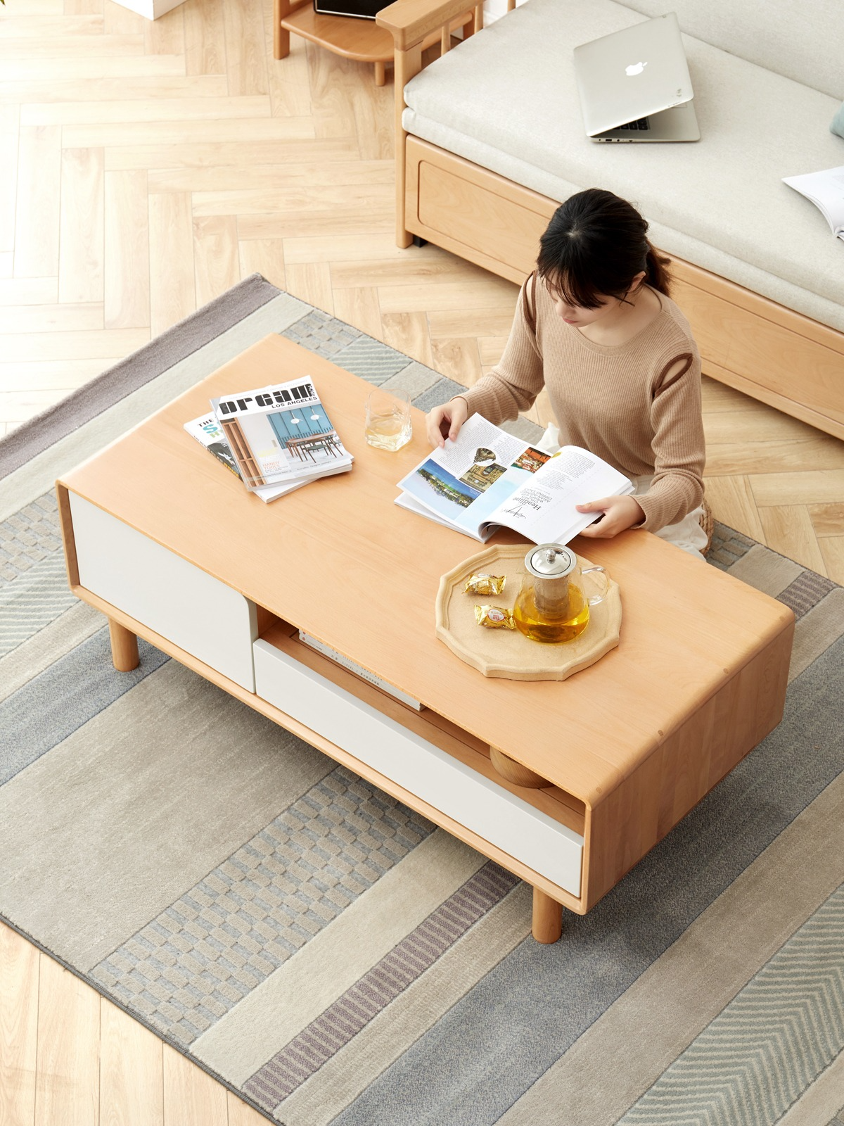 Solid Beech Wood Coffee Table - Rustic Warm Brown Finish for Living Room, Lounge & Home Decor