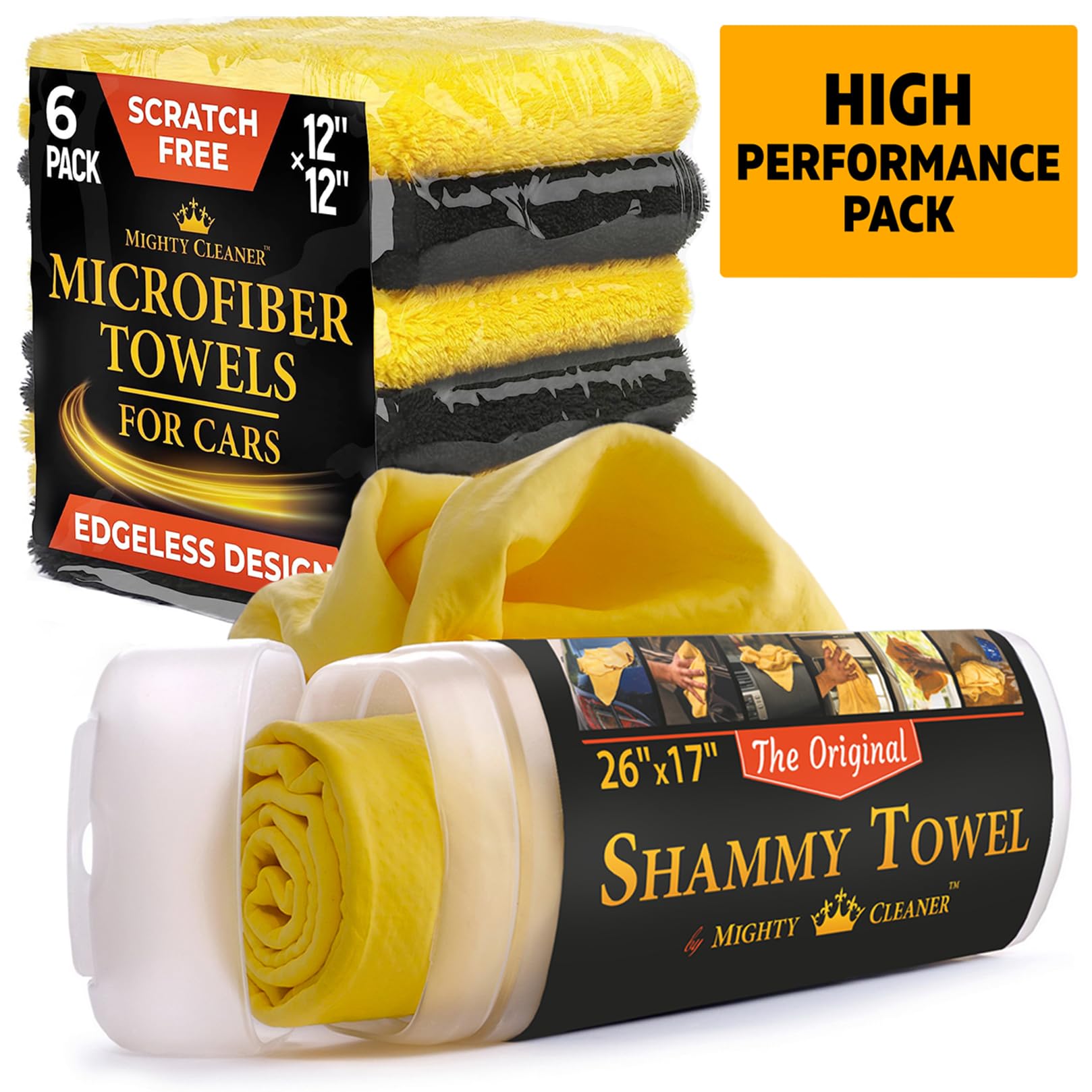 Premium Microfiber Cleaning Cloth for Cars (12”x12”) & Super Absorbent Car Chamois Towel (26