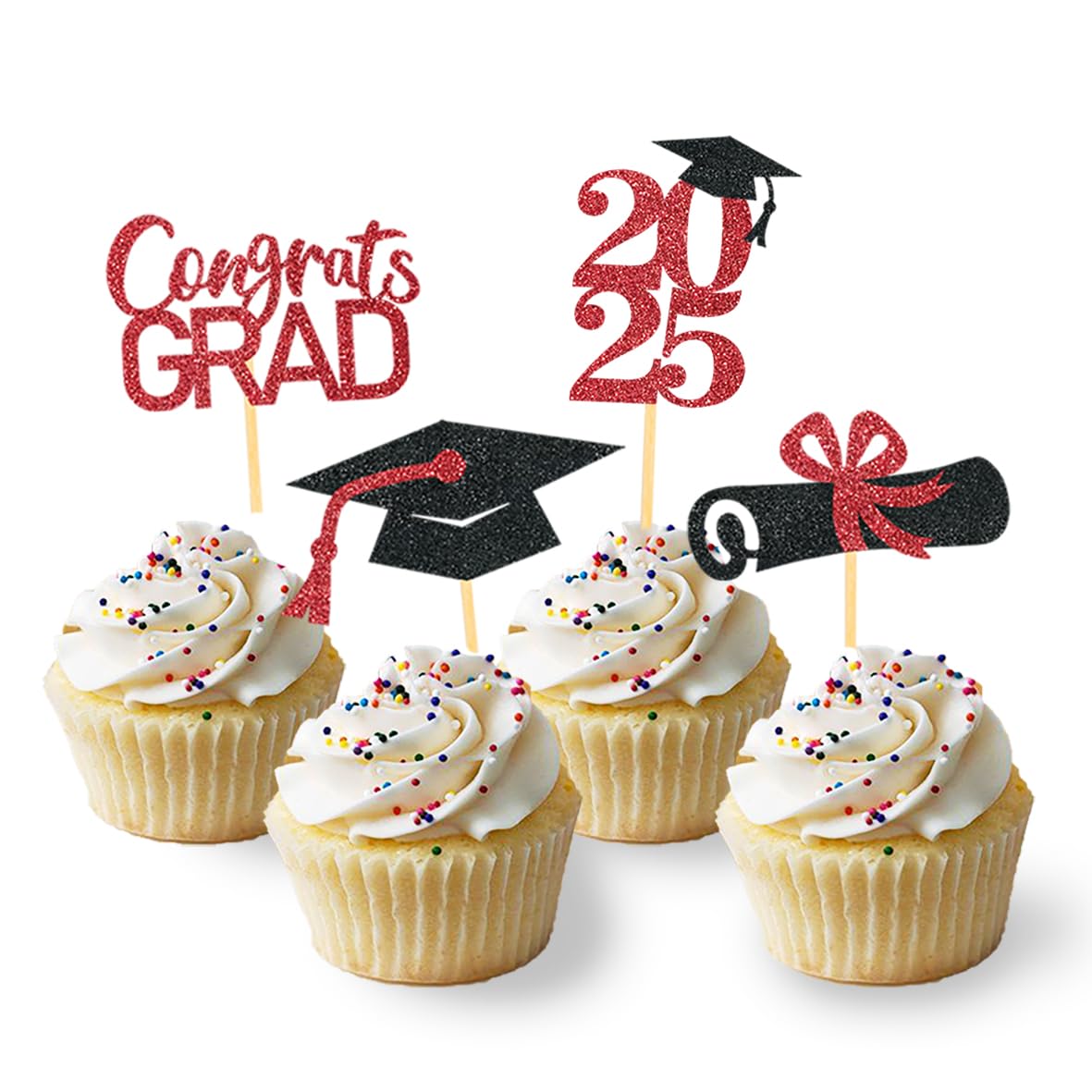 24Pcs Graduation Cupcake Toppers - Class of 2025 Decorations, Red Food-Grade Cupcake Picks for Graduation Party, Birthday, School Celebration - Perfect for Cake Decorating and Dessert Presentation