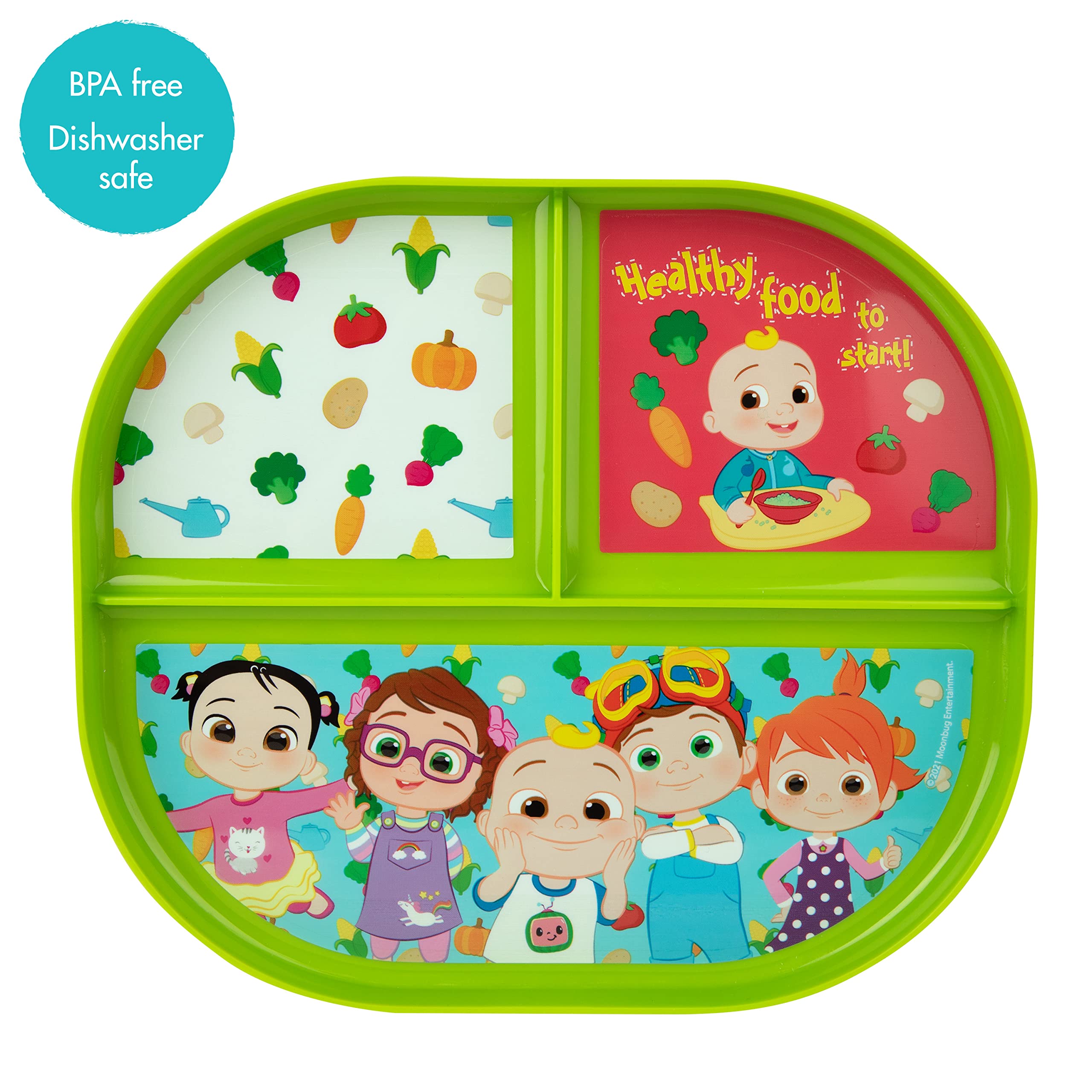 The First Years CoComelon Toddler Dinnerware Set - 2 Reversible Plastic Plates & 4 Textured Spoons for Babies - BPA-Free Kids Mealtime Essentials for Home, Daycare & Travel