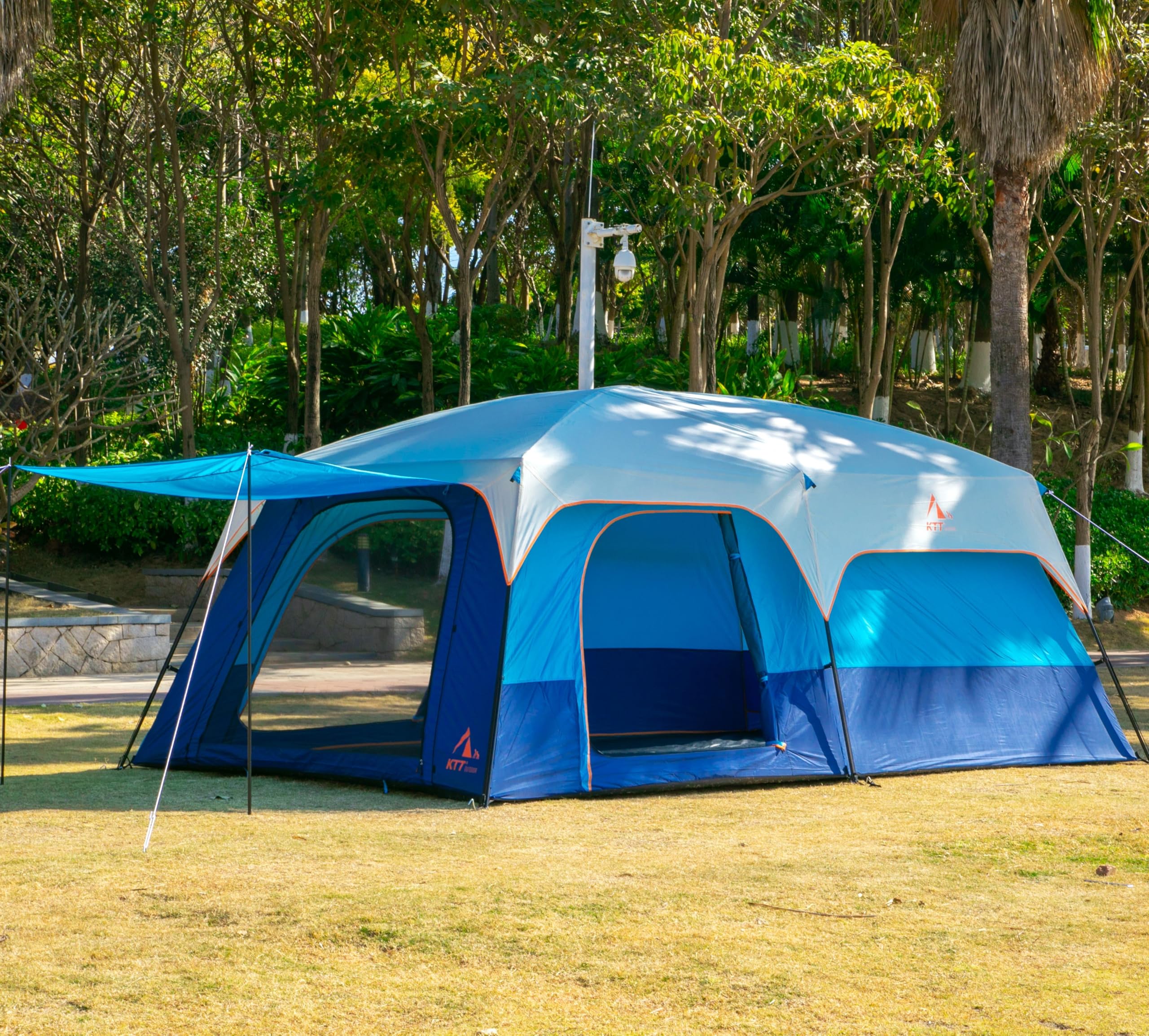 KTT Extra Large Family Cabin Tent for 10-12-14 People - 2 Rooms, 3 Doors & 3 Windows with Mesh, Straight Wall Design, Waterproof Double Layer - Perfect for Camping, Picnics, Outdoor Adventures & Family Gatherings