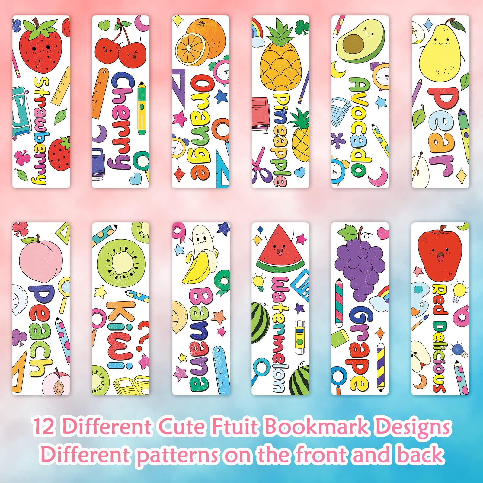 Anseal 120 PCS DIY Coloring Bookmarks Bulk Set - 12 Cute Fruit Designs for Kids, Teens & Reading Lovers - Fun Classroom Rewards & Student Gifts - Perfect for School Activities, Reading Programs & Book Club Favors